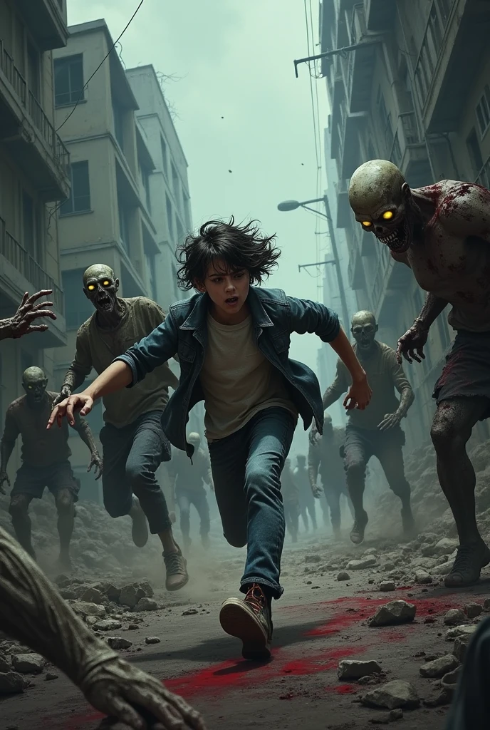 A horde of zombies chases a black-haired teenage girl.