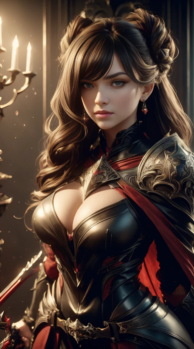 A beautiful vampire woman in a sexy armored black asymmetric one shoulder strap leather armor mini dress, Elegant Curls with Lacy Braids hairstyle, brown hair with split bangs, black mini cape with red vampire collar, stunning hazel eyes, teardrop shaped large breasts,  daggers knives on belt, woman is like the edge of a dagger, pleated mini skirt, slimm thicc body, wide hips, (best quality,4k,8k,highres,masterpiece:1.2),ultra-detailed,(realistic,photorealistic,photo-realistic:1.37),HDR,UHD,studio lighting,ultra-fine painting,sharp focus,physically-based rendering,extreme detail description,professional,vivid colors,bokeh,full body shot,fashion photography, Draw diagonally from below