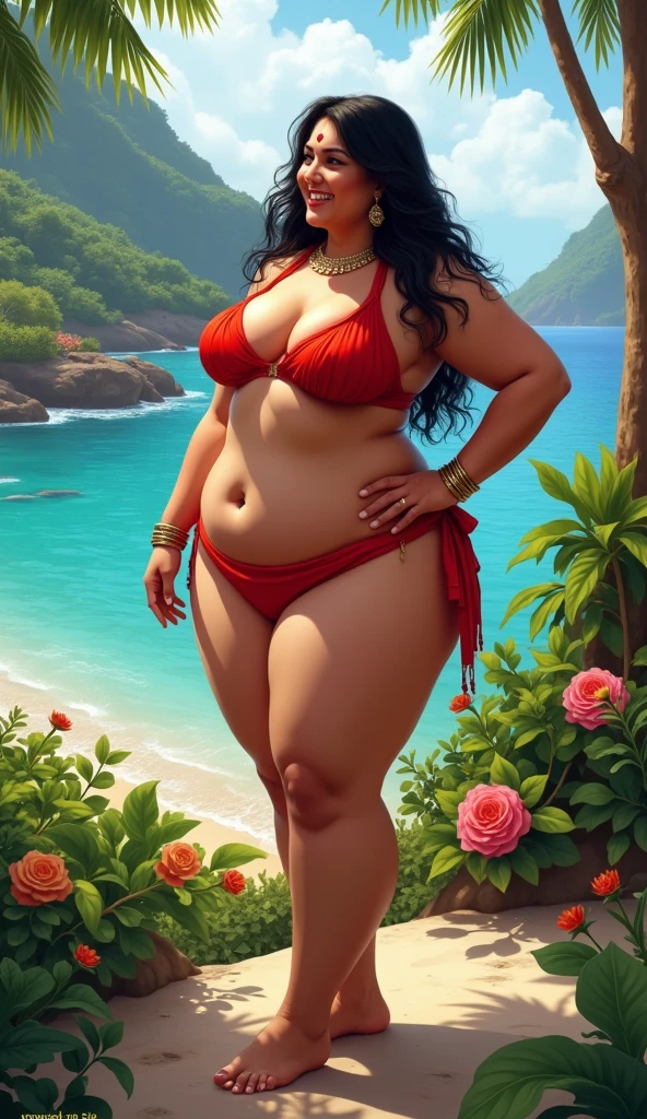 Create an animation of a chubby woman with a small waist on a beach