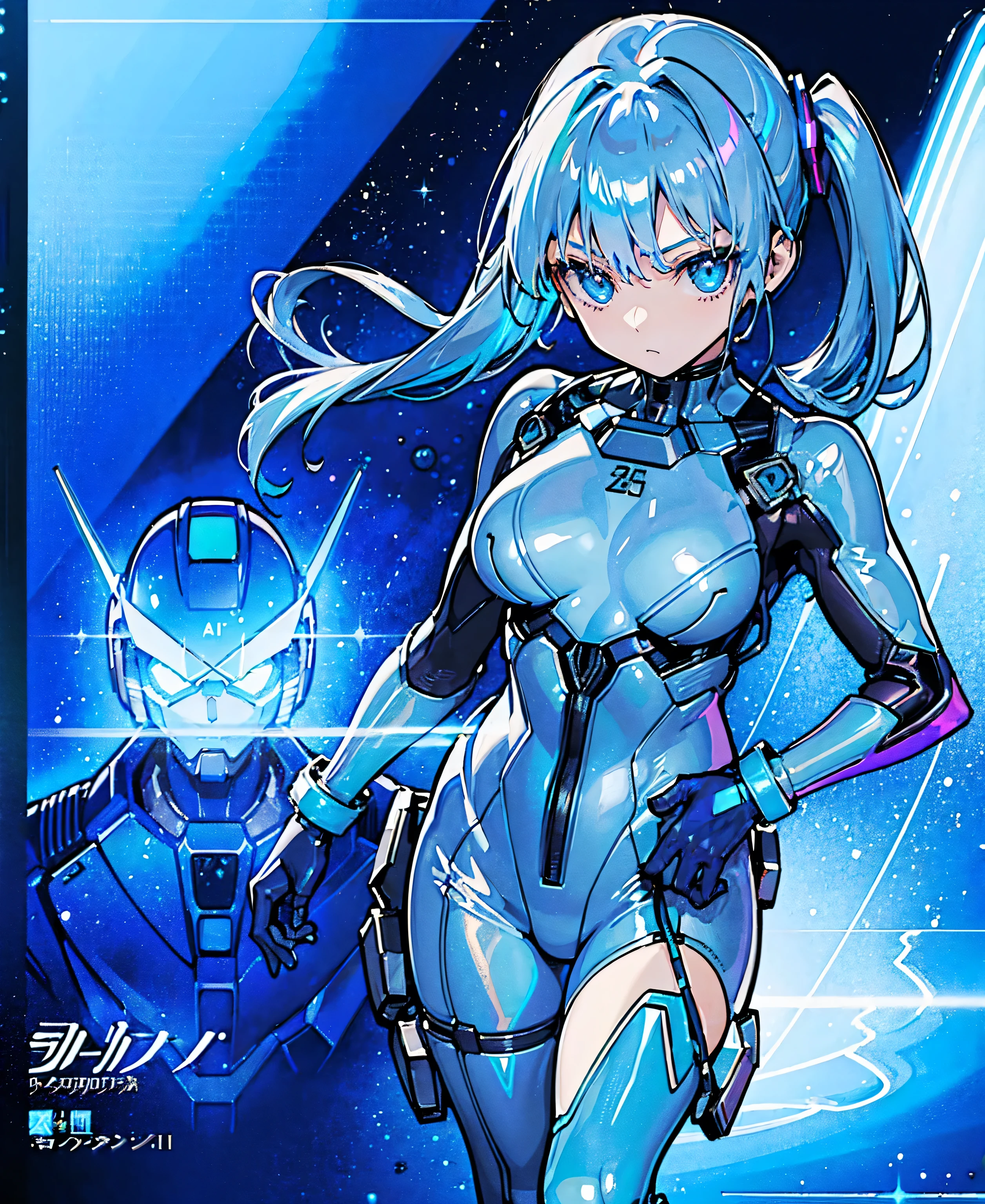 ((Holographic glow effect)),Blue Hair、Masterpiece、Best Quality、1 girl、Medium breast、((Album cover))、Light on Face、Slim Body、Blue Costume、Exoskeleton、metal Gear、Cyberpunk Style、ponytail、The Gundam pilot、attention arousal,Ride a fighter