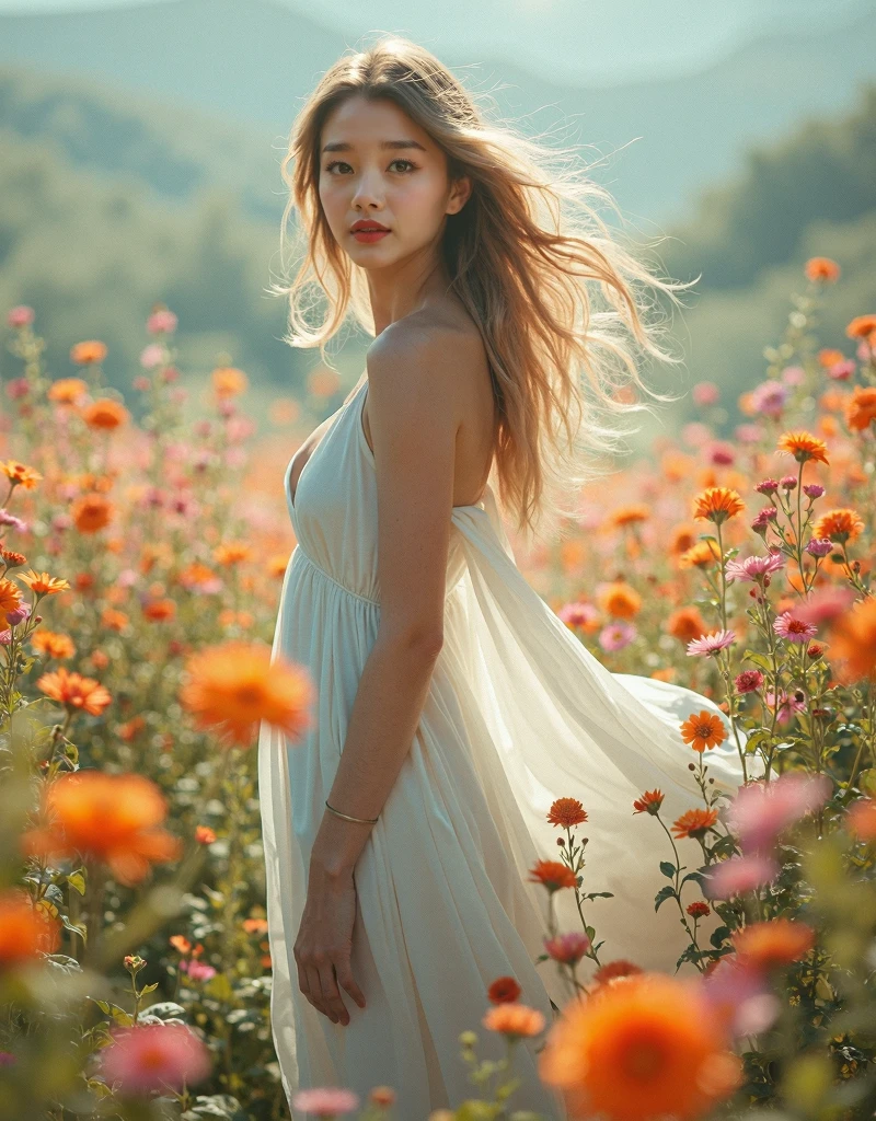 there is a woman standing In a field of flowers with a white dress, In a field of flowers,  With Flowers , photo of a  beautiful woman , gorgeous  beautiful woman , Beautiful woman ,  beautiful woman , Gorgeous and beautiful , in a field  With Flowers , very  beautiful woman , a goddess In a field of flowers,  woman in a flower bush ,  girl in a flower field 