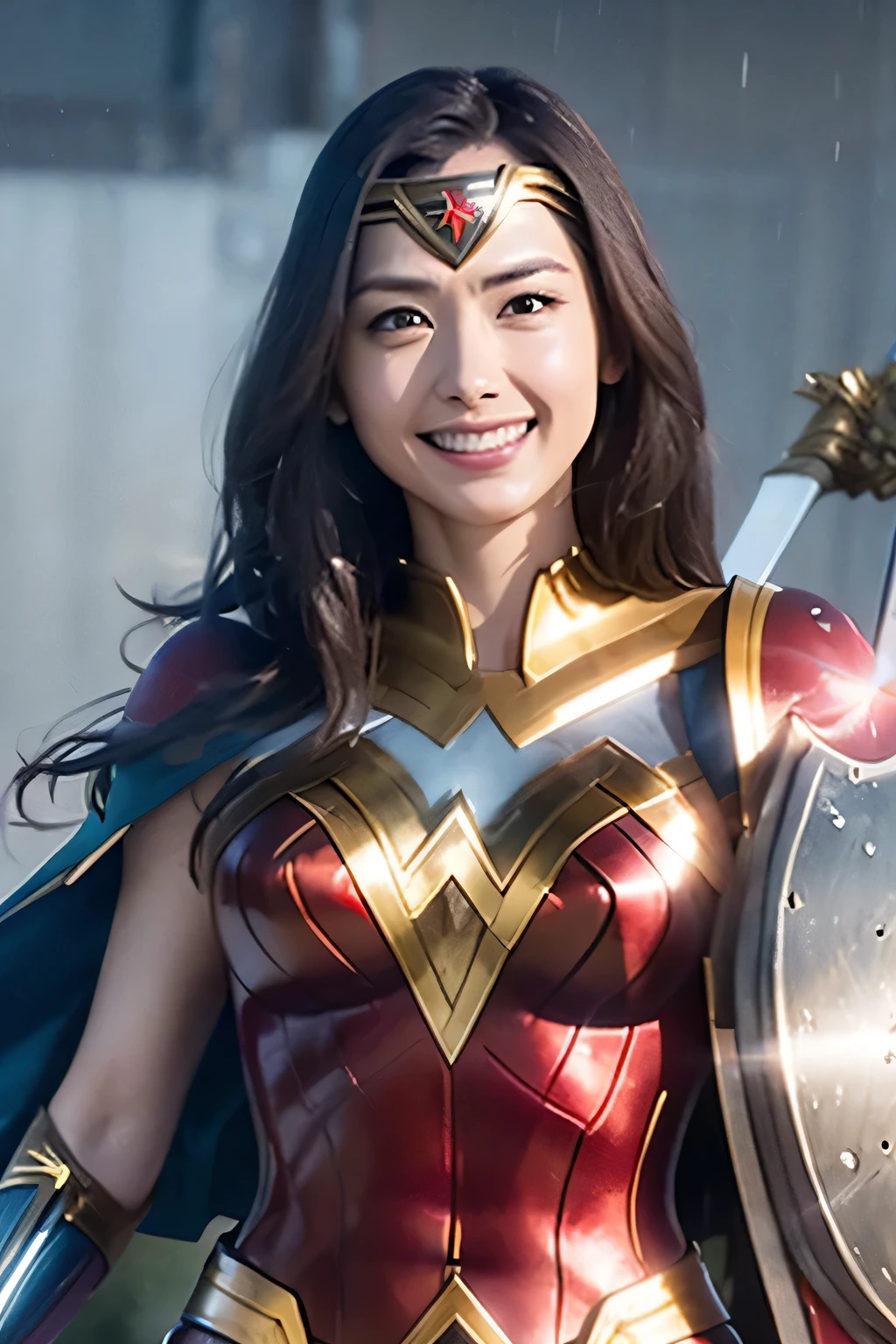 Heavy Rain, Smoke Clouds ,  Wonder Woman in War Costumes 、Sword in right hand、Shield in left hand、Wonder Woman's crown is visible on her forehead、Japanese Actress, Aragaki Yui wearing Wonder Woman armor,  big enough to stick out of the body , Smiling, Horizontal Angle,  portrait showing her whole body,  focus from chest to face , 