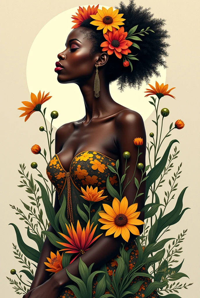 green: 1.5, orange: 1.1, white: 1.3, yellow: 1.3, (black woman), sexy, tattoos, (power puffer clothes: 1.2), flowers, leaves, mist, lines, background circles