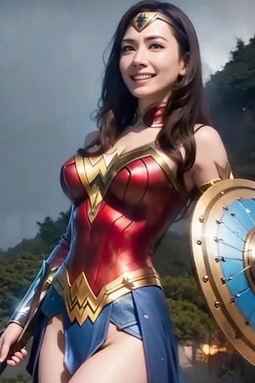 Heavy Rain, Smoke Clouds ,  Wonder Woman in War Costumes 、Sword in right hand、Shield in left hand、Wonder Woman's crown is visible on her forehead、Japanese Actress,  Aragaki Yui wearing Wonder Woman armor,  big enough to stick out of the body , Smiling, Horizontal Angle, Portrait from her waist up ,  focus from chest to face , 