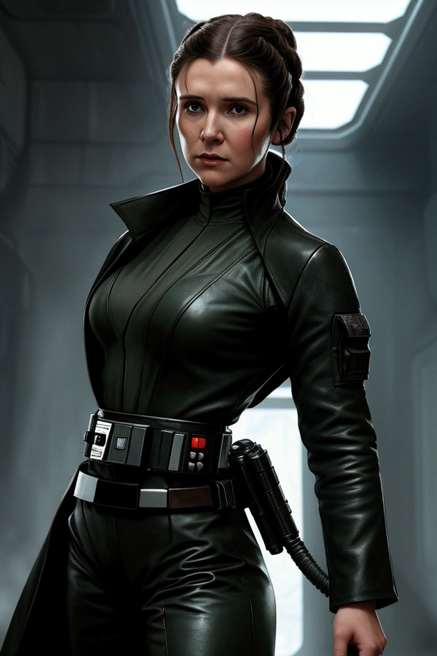 Gritty futuristic setting, dark dystopian environment, Young Harrison Ford as Han Solo, slicked-brown hair, long black coat, sunglasses, confident stance, powerful aura, Young Carrie Fisher as Young Princess Leia, sleek athletic appearance, short brown hair, form-fitting black outfit, close bond, dramatic lighting, intense shadows, green industrial background, metallic surfaces, dimly lit details, Star Wars x Matrix crossover, digital illustration, detailed and realistic, sharp focus, cinematic quality, by concept artist on ArtStation.