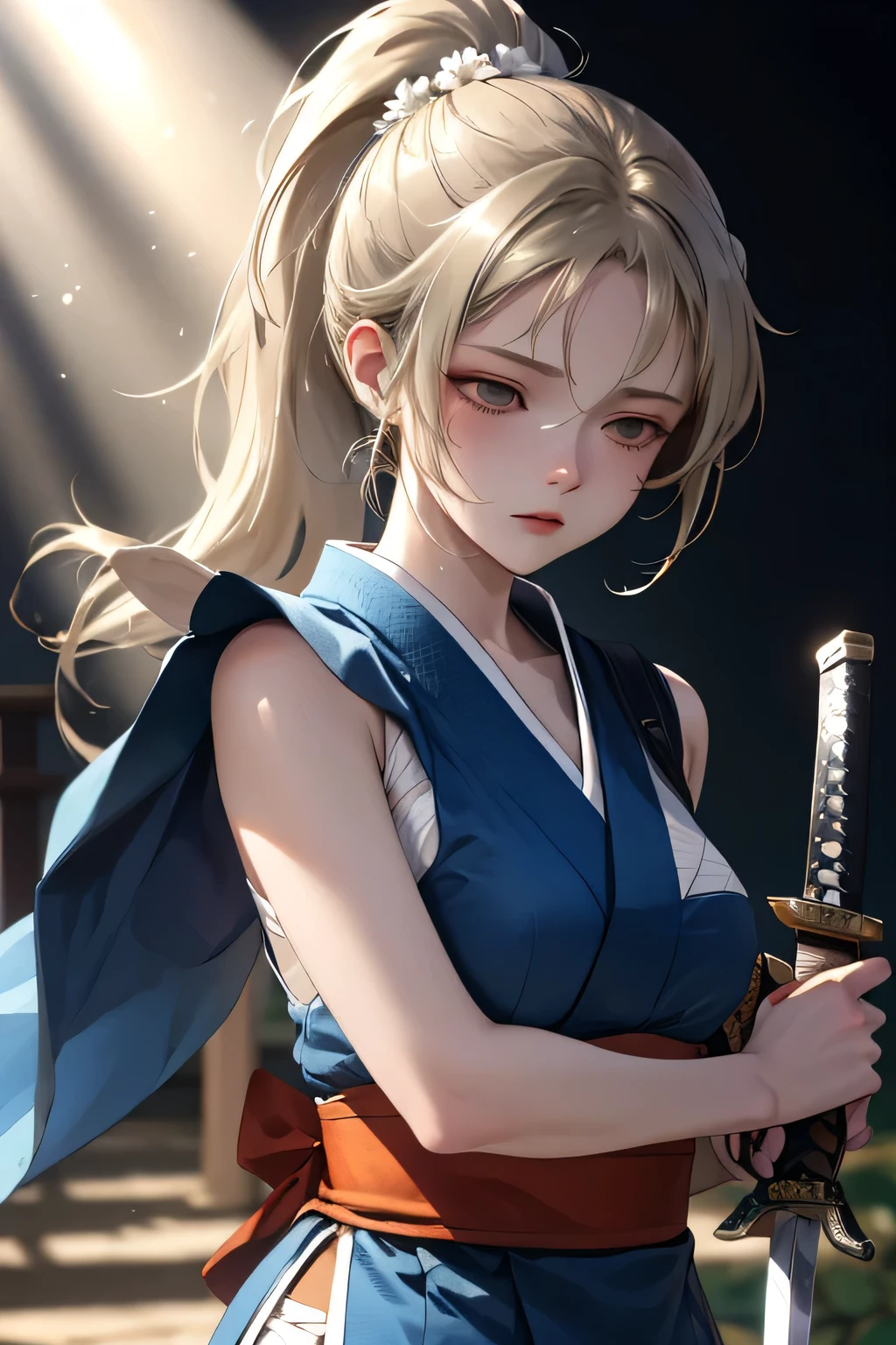 Masterpiece, Best Quality, Coloured image,Hi-Res, source_anime, (good_hands:0.9) , 1girl, black eyes, focused eyes, empty eyes, silver light brown coloured hair, ponytail hair, samurai clothes, medium breast, curvy body, sword, ready to draw sword pose, from front.stand, looking at viewer, High Contrast Glossy Oily Skin, flower garden, empty expression, outdoor, dramatic shadows, cinematic sun lighting, (light particles:0.8)