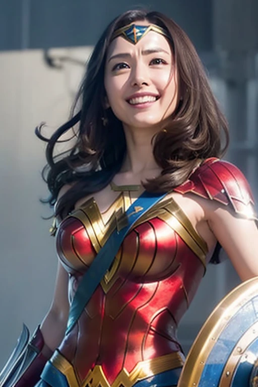 Heavy Rain, Smoke Clouds ,  Wonder Woman in War Costumes 、Sword in right hand、Shield in left hand、Wonder Woman's crown is visible on her forehead、Japanese Actress,  Aragaki Yui wearing Wonder Woman armor,  big enough to stick out of the body , Smiling, Horizontal Angle, Portrait from her waist up ,  focus from chest to face , 