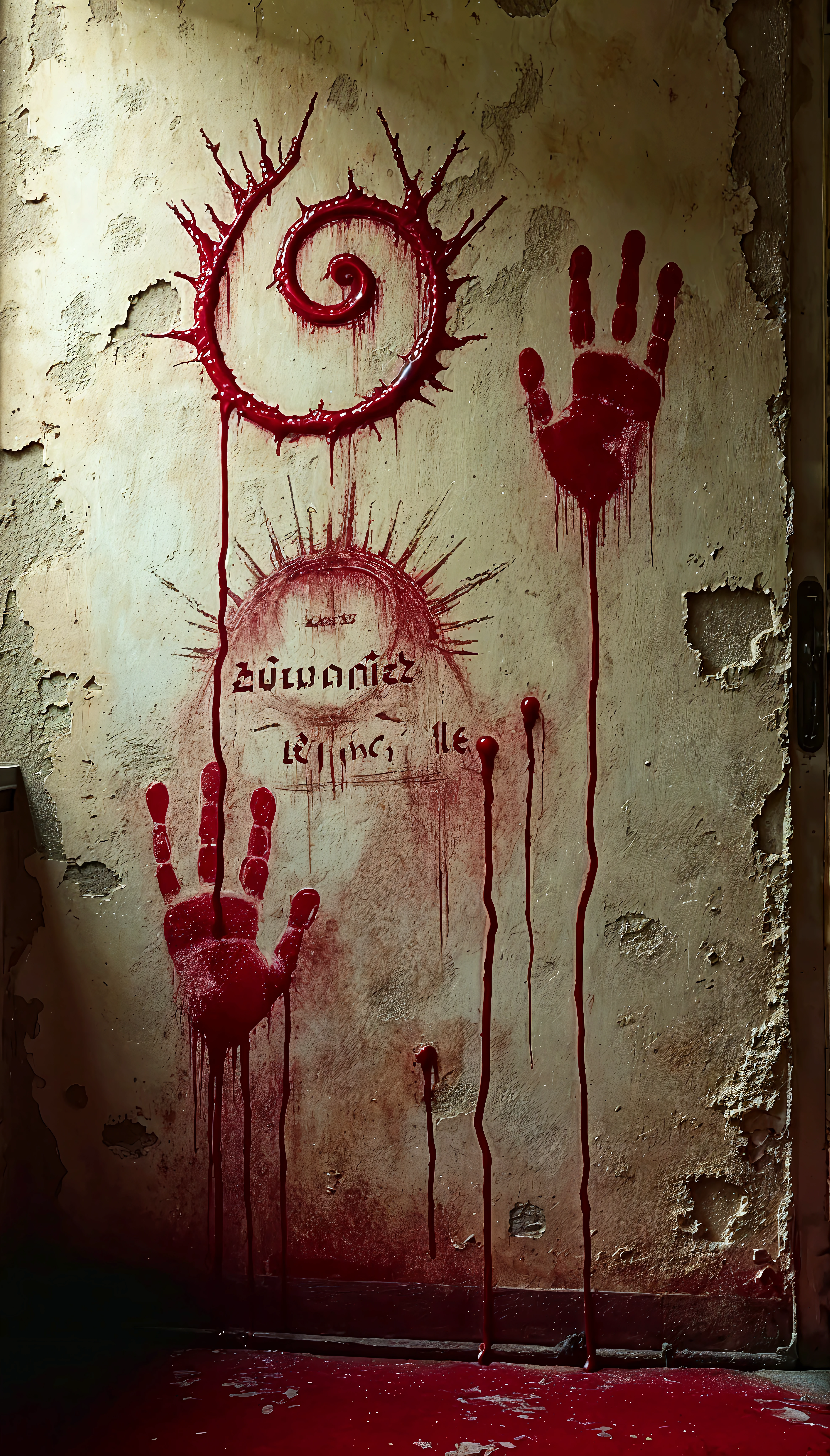 A white hand with a blindfold and an eye embroidered on the palm, runes of witchcraft are embroidered in dark red thread on a black background