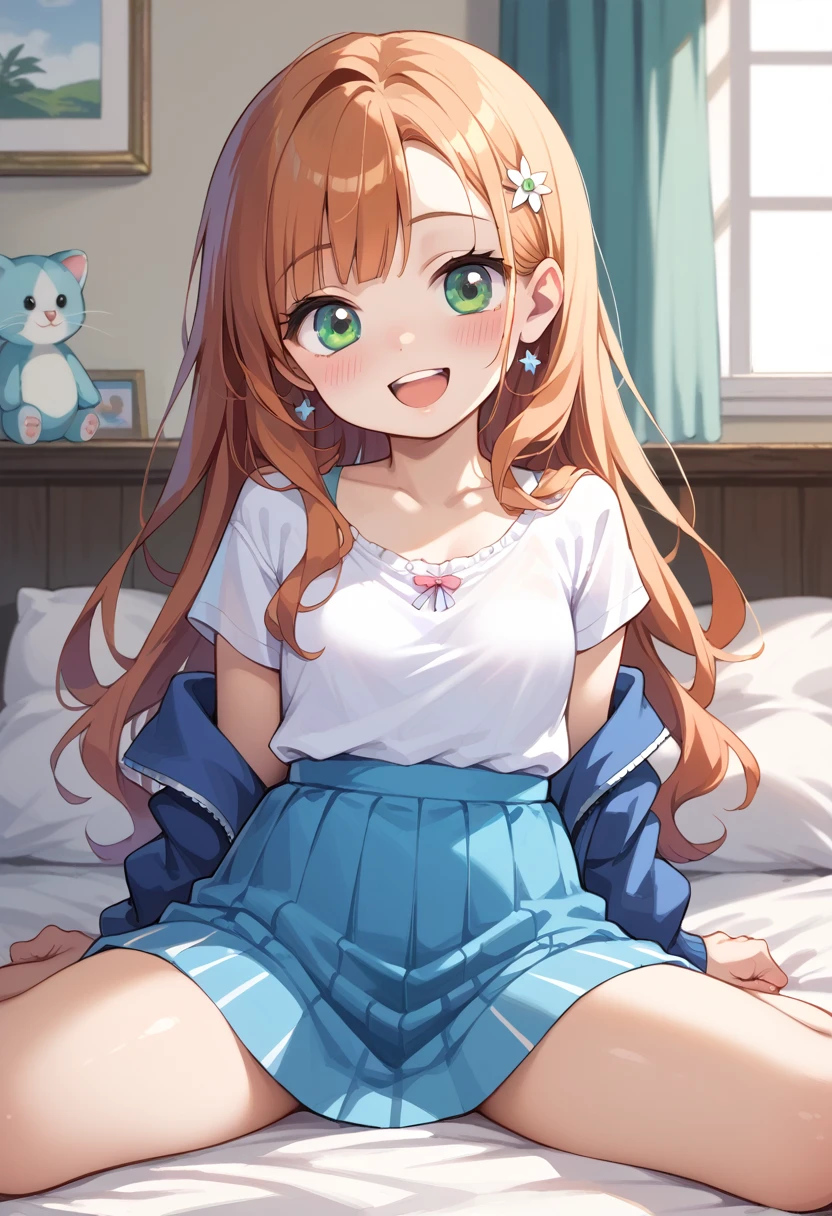 (( best quality)), ((masterpiece)), (be familiar with),  perfect face, indoor, bedroom,  watching viewers,
One woman,  Gamemun Neko ,
 characters with open mouth ,  ecstatic expression with hands in front of body, blush, smile,
Small breasts,  flat chest, Young girl, Lori,  ,  girl,
 long hair,  long hair,
Leg spread,