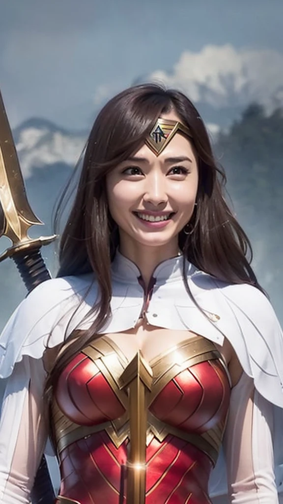 Heavy Rain, Smoke Clouds ,  Wonder Woman in War Costumes 、Sword in right hand、Shield in left hand、Wonder Woman's crown is visible on her forehead、Japanese Actress,  Aragaki Yui wearing Wonder Woman armor,  big enough to stick out of the body , Smiling, Horizontal Angle, Portrait from her waist up ,  focus from chest to face , Watching the audience,