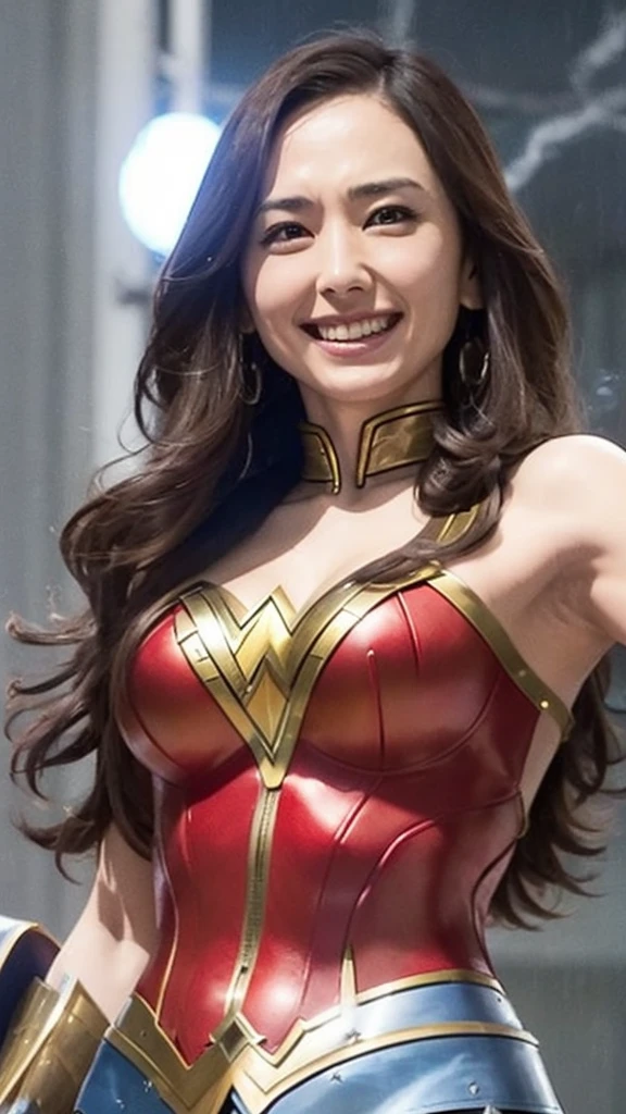 Heavy Rain, Smoke Clouds ,  Wonder Woman in War Costumes 、Sword in right hand、Shield in left hand、Wonder Woman's crown is visible on her forehead、Japanese Actress,  Aragaki Yui wearing Wonder Woman armor,  big enough to stick out of the body , Smiling, Horizontal Angle, Portrait from her waist up ,  focus from chest to face , Watching the audience,