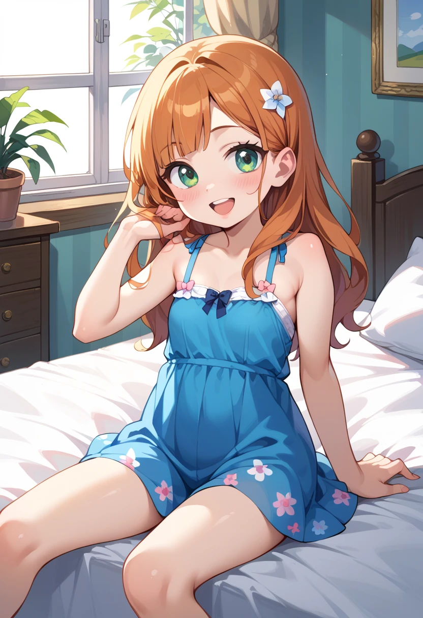 (( best quality)), ((masterpiece)), (be familiar with),  perfect face, indoor, bedroom,  watching viewers,
One woman,  Gamemun Neko ,
 characters with open mouth ,  ecstatic expression with hands in front of body, blush, smile,
Small breasts,  flat chest, Young girl, Lori,  ,  girl,
 long hair,  long hair,
Leg spread,