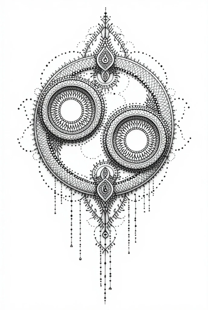  simplified zentangle {x} black and white drawing of two circles with dots,  with symmetry complicated detailed , Complex details illustration, Complex detail drawing, Complex elements, 対称的でComplex, Complex ornament, with symmetry Complex detailed, Complex lines, Complex ornaments, Complex filagree, Complex line, ((Complex)), 対称的 and Complex, Complex image, Complex designs