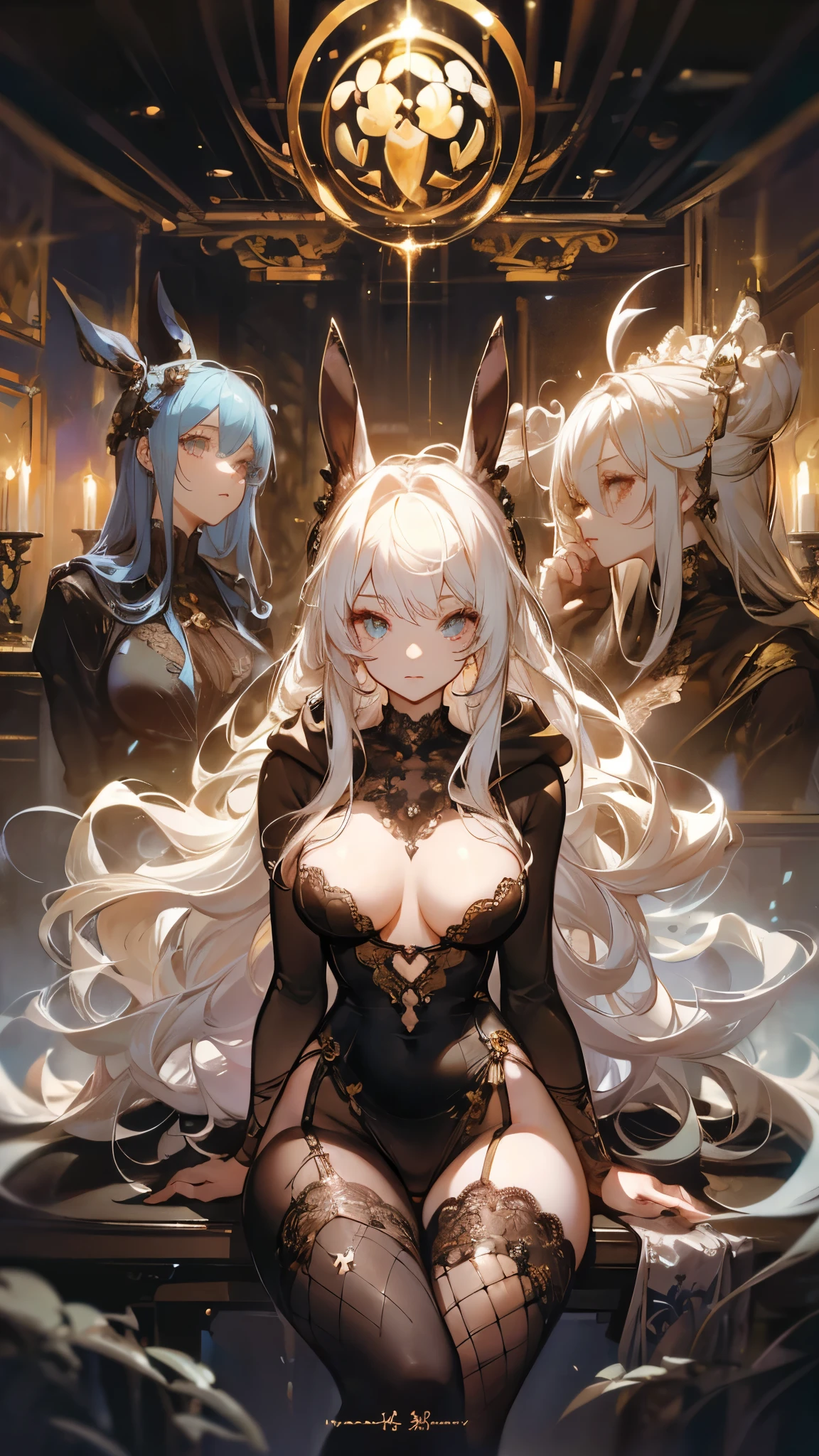 (masterpiece,best quality,ultra-detailed),3girl, pointy ears, black horns,delicate:1.2, horror,beautiful, mystical, surreal,(seductive),((pale skin)),(25 years old), (white hair),((black sclera)),dark yellow eyes,((dust theme)),small breasts,big breasts,( and milf)