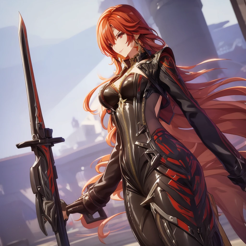 Woman with a large and long sword in a futuristic setting.