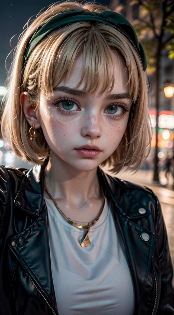 masterpiece, best quality, extremely detailed CG unity 8k wallpaper,((Upper Body)) ,((Upper Body head close-up shot of a beautiful )),Cheveux : blonde hair, short hair, choppy bob cut, green headband
Yeux : large green eyes, intense gaze, bold eyeliner, freckles around cheeks
Accessoires : star-shaped earrings, green headband
Vêtements : teal jacket, casual style, open collar, white shirt underneath
Pose et Expression : close-up selfie angle, slightly surprised or intense expression
Scène : outdoor urban setting, park or street at dusk, modern city background
Ambiance : vibrant colors, evening light, energetic and edgy atmosphere