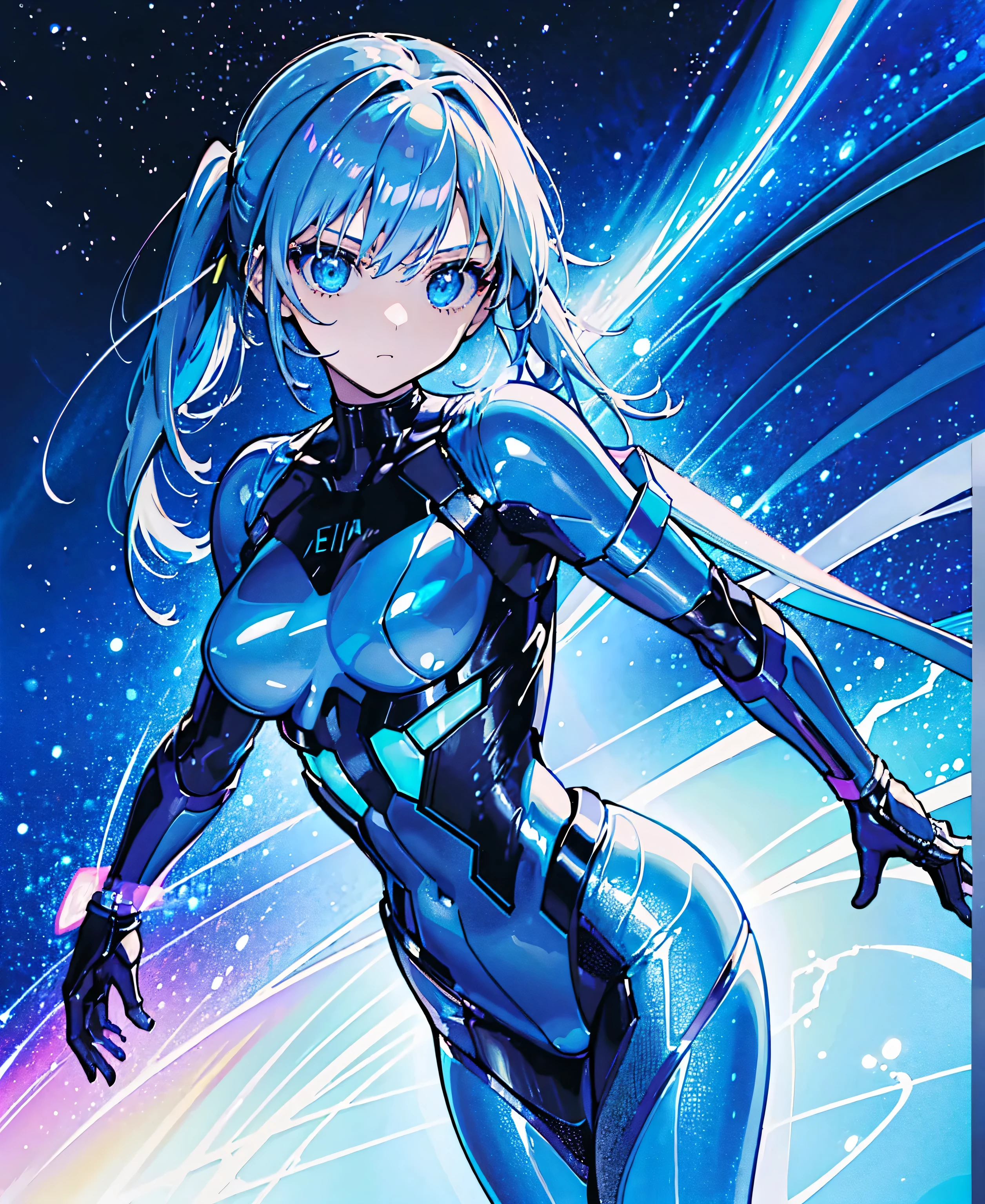 ((Holographic glow effect))、 blue hair 、Masterpiece、 Best Quality、1 person、Medium breast、(( album cover ))、 light on face、 slim body、 blue costume、Exoskeleton、Metal Gear、 cyberpunk style、 ponytails、Gundam Pilot、attention arousal，Ride a fighter jet 、 gloves up to the elbow ,Big Moon,Night Sky,Milky Way