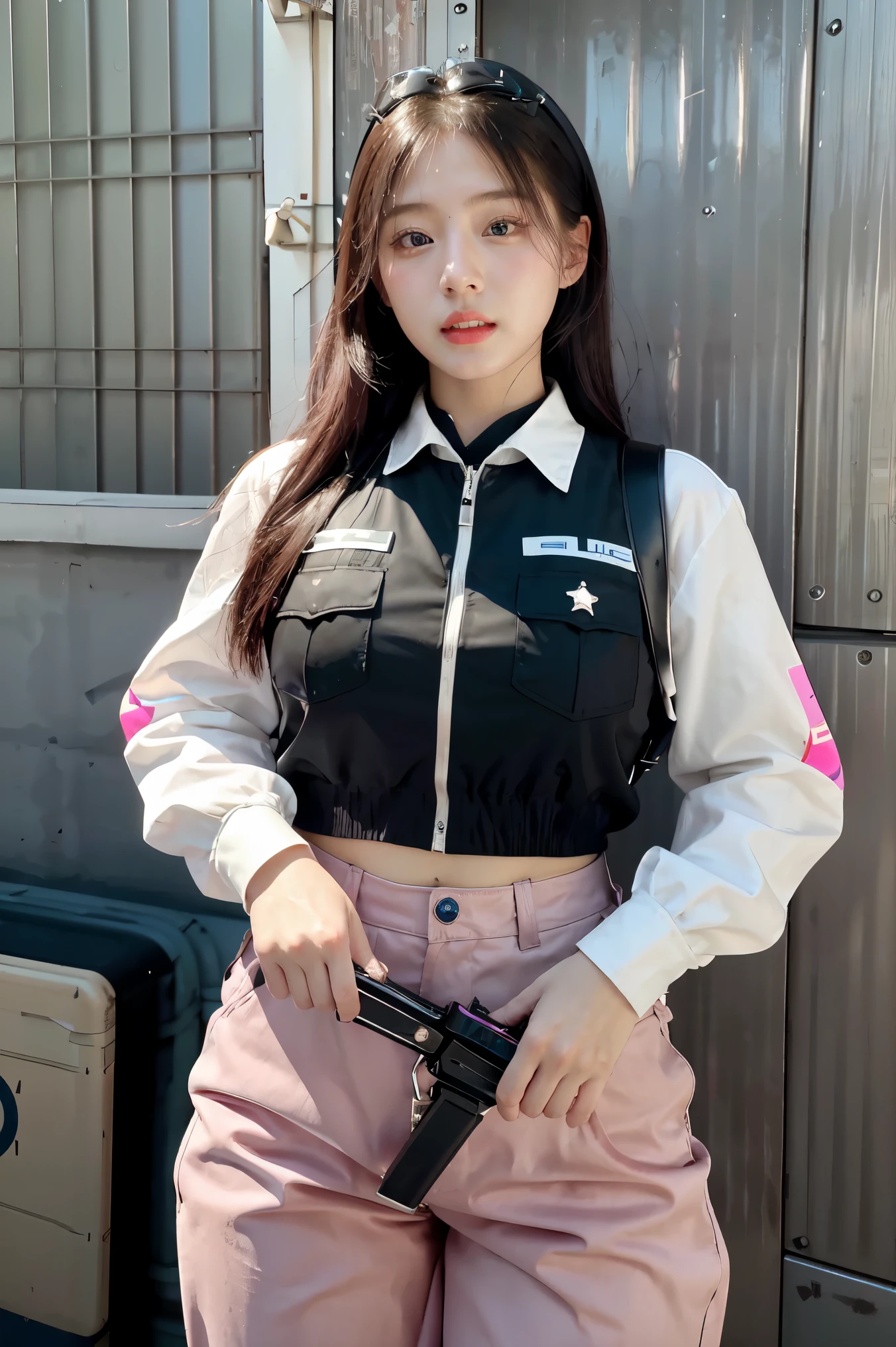 (Highest image quality, outstanding details, ultra-high resolution), (realism: 1.4), favor details, highly condensed 1 beautiful Korean girl, with a delicate and beautiful face, ((cowboy shot)), (a bit chubby:0.4), (wearing black racing suit likes police uniform, black and pink mecha pants, wearing military harness, holding a machinegun), background simple grey concrete,