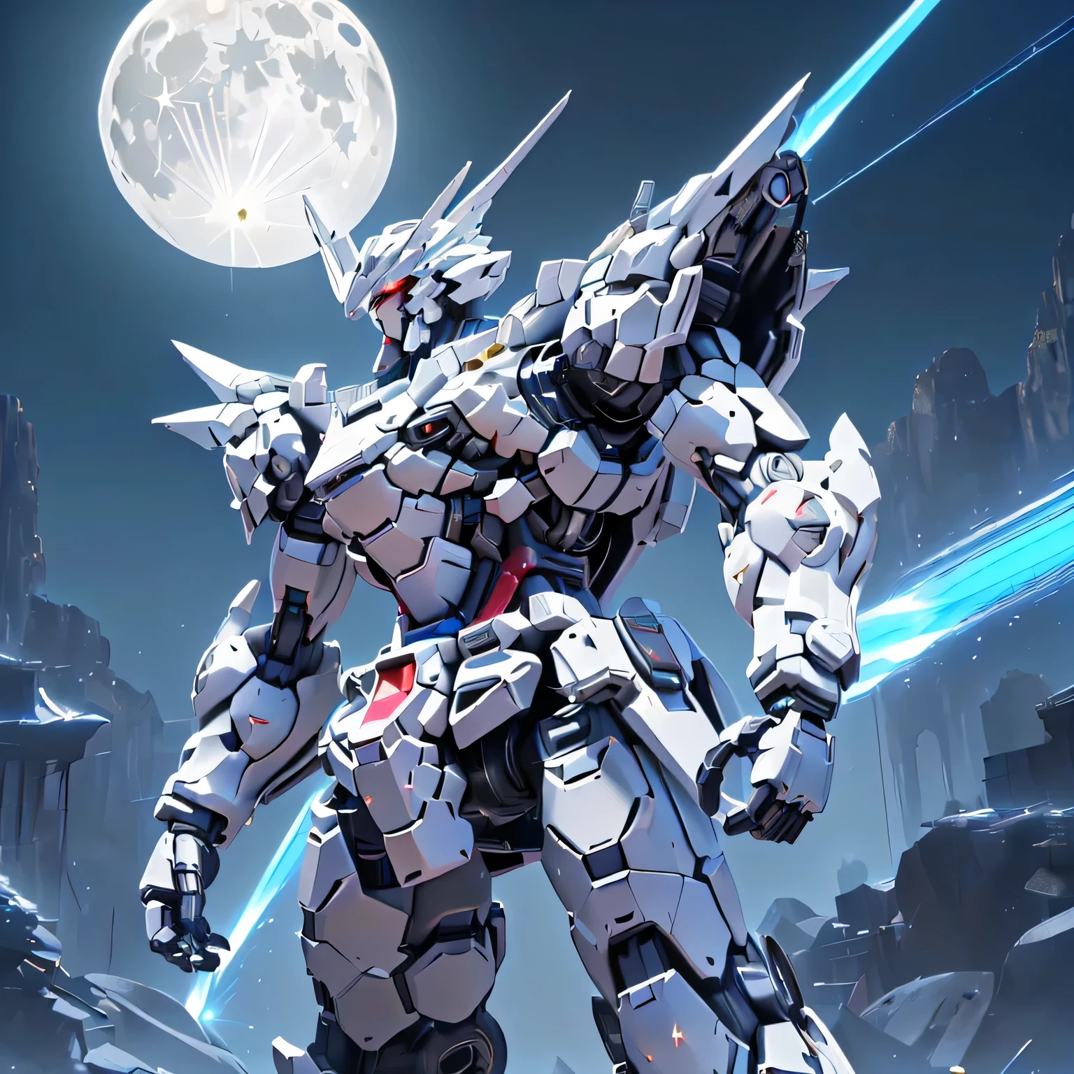 (Mecha:1.5), ((The white robot is making violent movements)), (( several people having fun with each other while having very detailed , Super detailed,  best quality, masterpiece, 8k wallpaper,  high definition ,  super precise illustration )), white armor, red eyes, alone, (Game CG:1.2), ( Black Light:1), mechanical parts, Robot joints, headgear , Full Armor , upper body,In the sky,  glowing eyes, EdobLandscapeAlpha, ((Huge full moon,  full of stars空, Milky Way)), ((masterpiece,  best quality)),  tight waist, ((metallic)), ((Detailed depiction of Mecha, Photorealistic images: 2.0, 4K, 8k, 16k, 32K)), large chest armor, Large shoulder armor, Armor that reflects moonlight, ((Very large full moon, Night Sky,  full of stars, Lots of comets ,  flying lasers ,  lots of blue discharges from armor ,  yellow sparks )), absract art