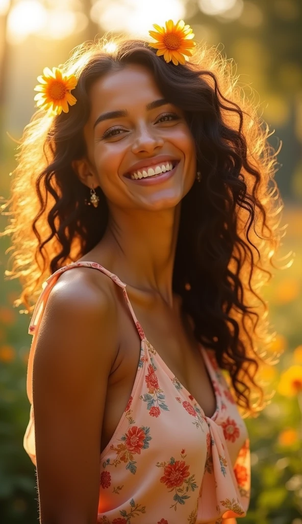 (photorealism:1.2), hot beautiful teen, latina, black curly hair, no bra, flower headband