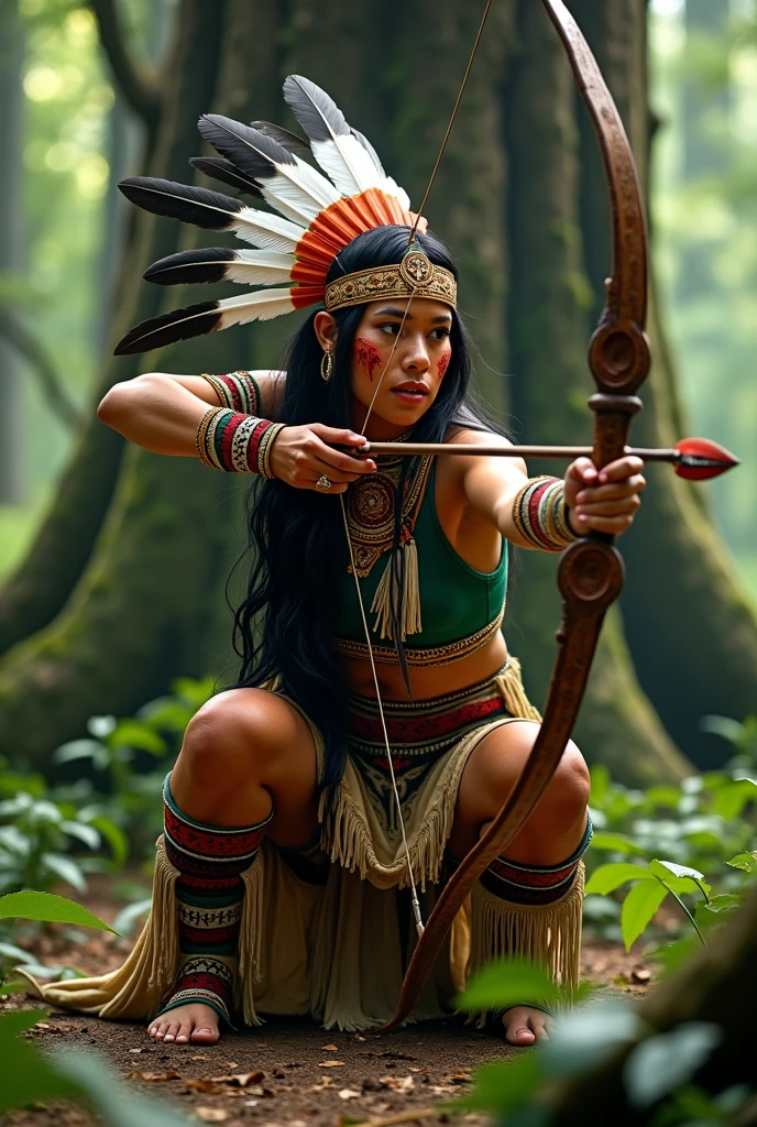 Hyper realistic full body painting of an indigenous Brazilian woman from the Amazon tribe, colorful seed necklaces on her chest, straw skirt, kneeling in battle pose, holds bow and arrow, morning light, jungle, environment, smoky, mystical --auto