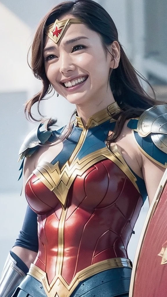 Heavy Rain, Smoke Clouds ,  Wonder Woman in War Costumes 、Hold a sword in your right hand 、 hold a shield in your left、Wonder Woman's crown is visible on her forehead、Japanese Actress, Aragaki Yui wearing Wonder Woman armor,  big enough to stick out of the body , Smiling, Horizontal Angle,  Portrait Above Her Waist,  focus from chest to face , Watching the audience,