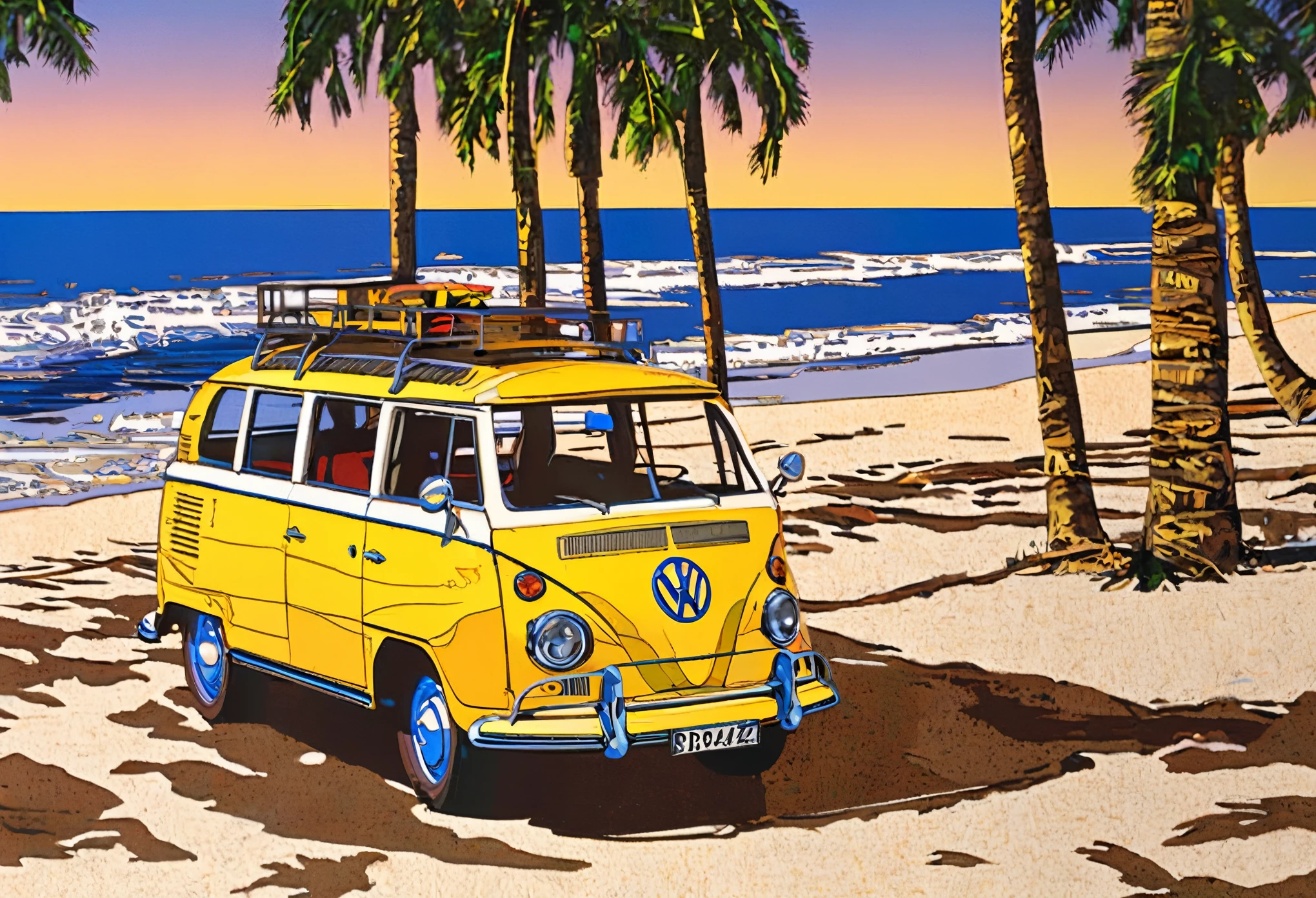 a highly detailed classic car on a beach with palm trees, volkswagen type 2, Volkswagen Beatle, sunset, nostalgia, best quality, masterpiece,  8K, ultra-detailed, realistic, photorealistic, physically-based rendering, vivid colors, studio lighting, sharp focus, professional ,SuzukiEizin, 1980, 