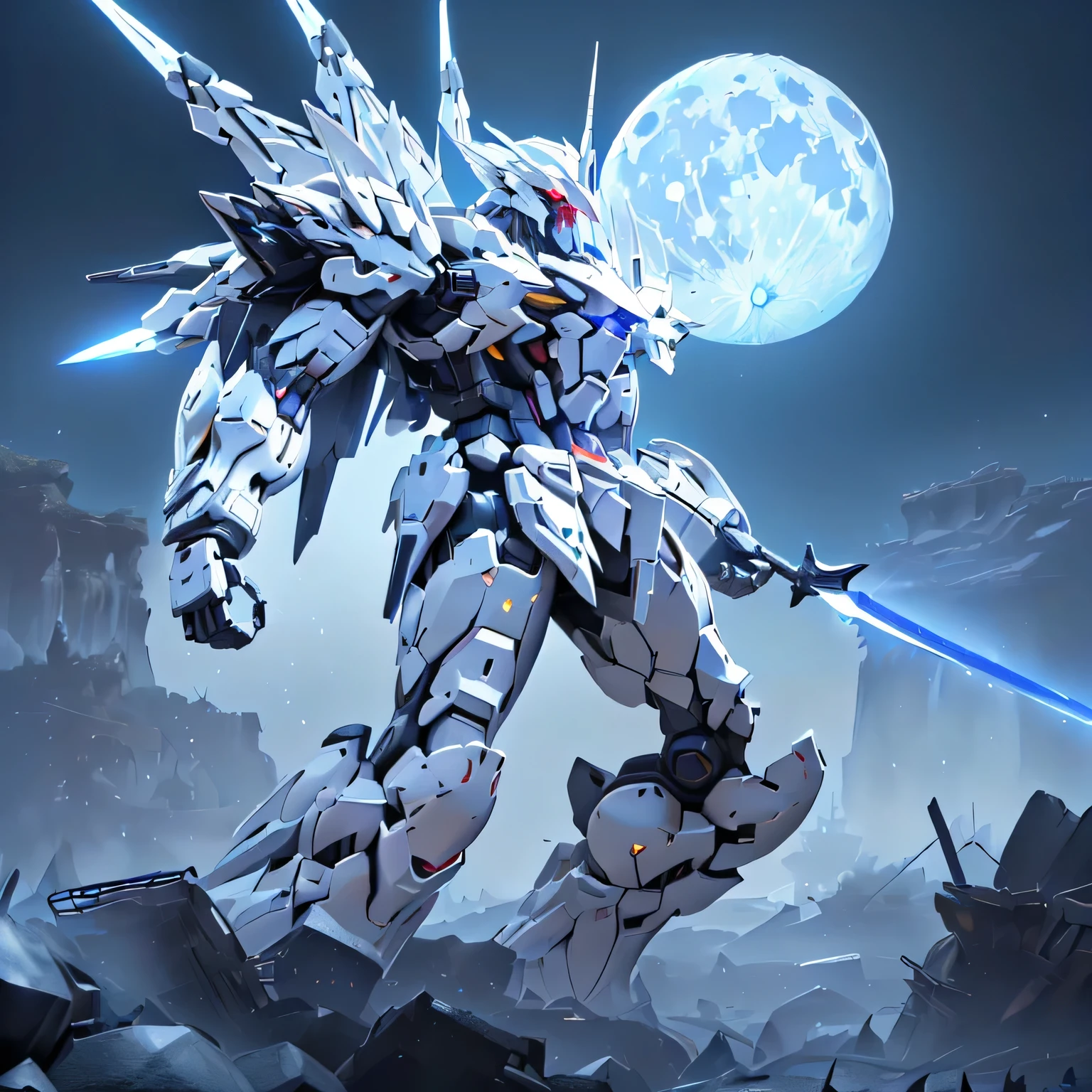 (Mecha:1.5), ((The white robot is making violent movements)), (( several people having fun with each other while having very detailed , Super detailed,  best quality, masterpiece, 8k wallpaper,  high definition ,  super precise illustration )), white armor, red eyes, alone, (Game CG:1.2), ( Black Light:1), mechanical parts, Robot joints, headgear , Full Armor , upper body,In the sky,  glowing eyes, EdobLandscapeAlpha, ((Huge full moon,  full of stars空, Milky Way)), ((masterpiece,  best quality)),  tight waist, ((metallic)), ((Detailed depiction of Mecha, Photorealistic images: 2.0, 4K, 8k, 16k, 32K)), large chest armor, Large shoulder armor,  moonlight reflecting armor , ((Very large full moon, Night Sky,  full of stars, Lots of comets ,  flying lasers ,  lots of blue discharges from armor ,  yellow sparks )), absract art, Has 1 large horn on its head ,  a giant sword