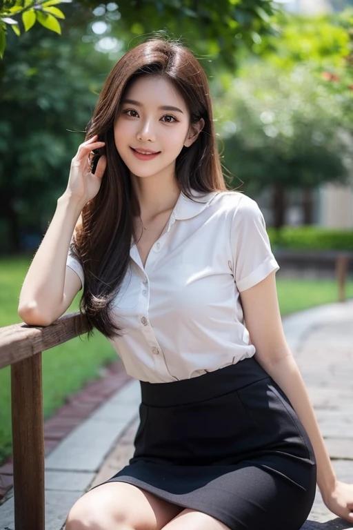 A young woman posing outdoors with a gentle smile. She has straight, dark brown hair and is wearing a Thai university uniform, which is white short arm shirt and black pencil skirt. Her hands rest on her waist, giving her a playful, slightly edgy look. The background is blurred with greenery and urban elements, suggesting an outdoor, city-like setting.

She has a soft, youthful face with fair skin and a smooth complexion. Her eyes are large and expressive, with a subtle, natural makeup look that enhances her features. She has a small, delicate nose and a gentle, relaxed smile that adds to her approachable and friendly appearance. The image quality is high, with sharp details in her hair, face, and clothing. The colors are vibrant yet natural, capturing the subtle highlights and shadows on her face and hair. The background is slightly out of focus, creating a bokeh effect that emphasizes her as the main subject.

She has large breasts. Image is fullbody