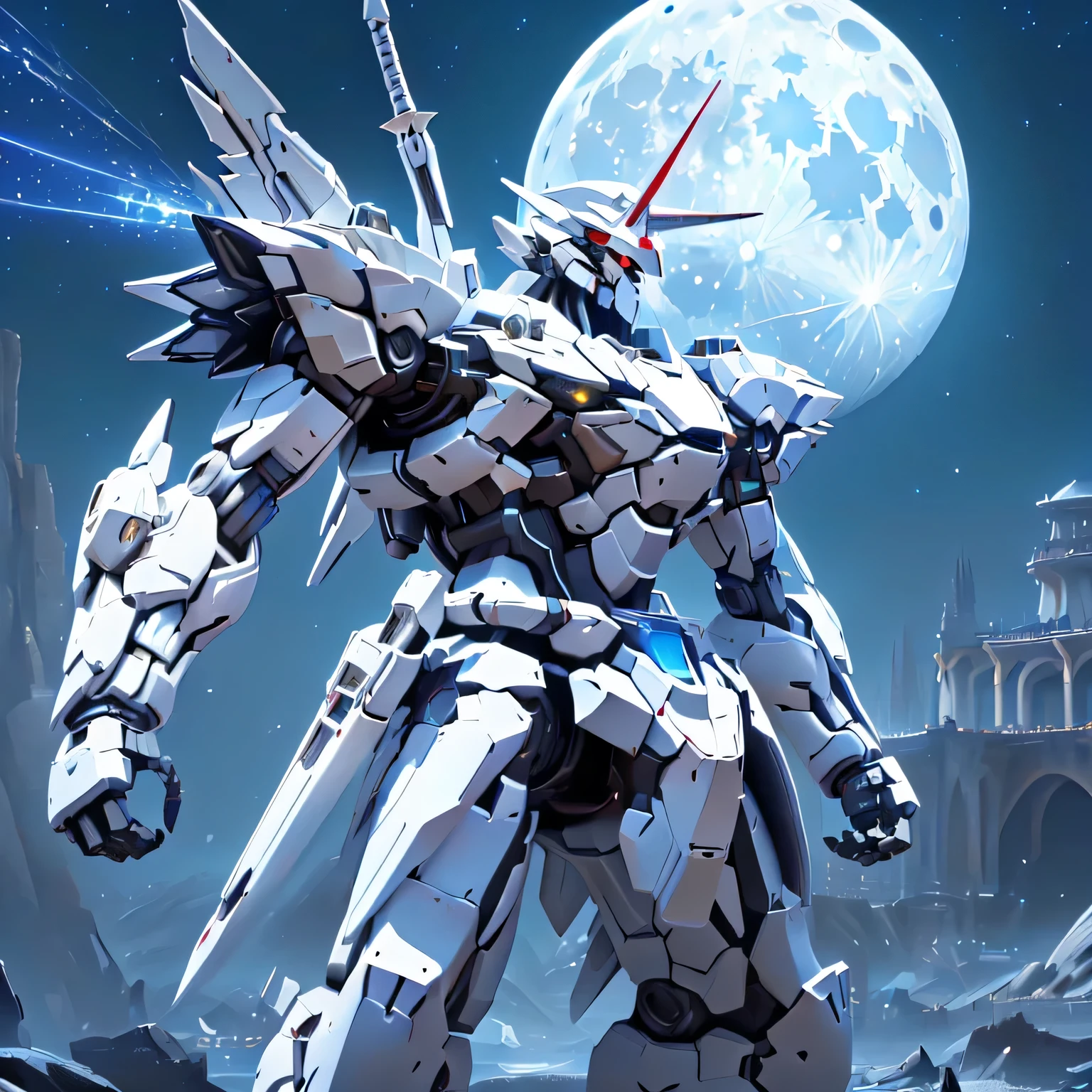 (Mecha:1.5), ((The white robot is making violent movements)), (( several people having fun with each other while having very detailed , Super detailed,  best quality, masterpiece, 8k wallpaper,  high definition ,  super precise illustration )), white armor, red eyes, alone, (Game CG:1.2), ( Black Light:1), mechanical parts, Robot joints, headgear , Full Armor , upper body,In the sky,  glowing eyes, EdobLandscapeAlpha, ((Huge full moon,  full of stars空, Milky Way)), ((masterpiece,  best quality)),  tight waist, ((metallic)), ((Detailed depiction of Mecha, Photorealistic images: 2.0, 4K, 8k, 16k, 32K)), large chest armor, Large shoulder armor,  moonlight reflecting armor , ((Very large full moon, Night Sky,  full of stars, Lots of comets ,  flying lasers ,  lots of blue discharges from armor ,  yellow sparks )), absract art, Has 1 large horn on its head ,  a giant sword