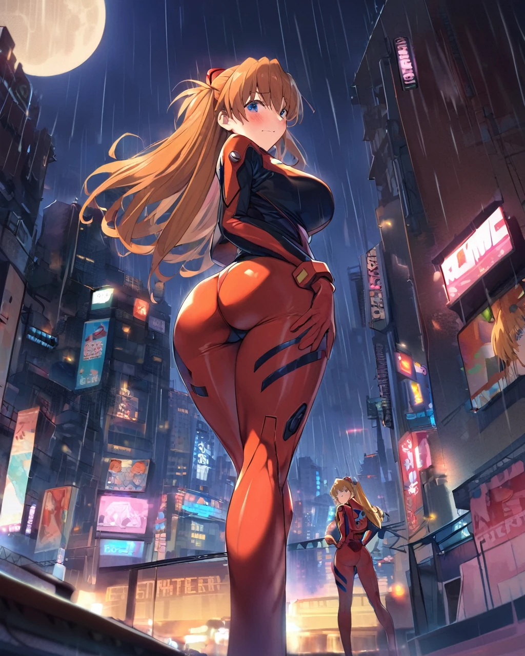 Evangelion, Asuka Langley ,Moe's character ,Board game, embarrassed,They are standing,plug suit ,  of the highest quality , glowing skin,city,Cyberpunk,Night,rain,moon, Young woman with gorgeous curves, round ass ,  looking back, back viewer ,  blush ,  Captivating look 