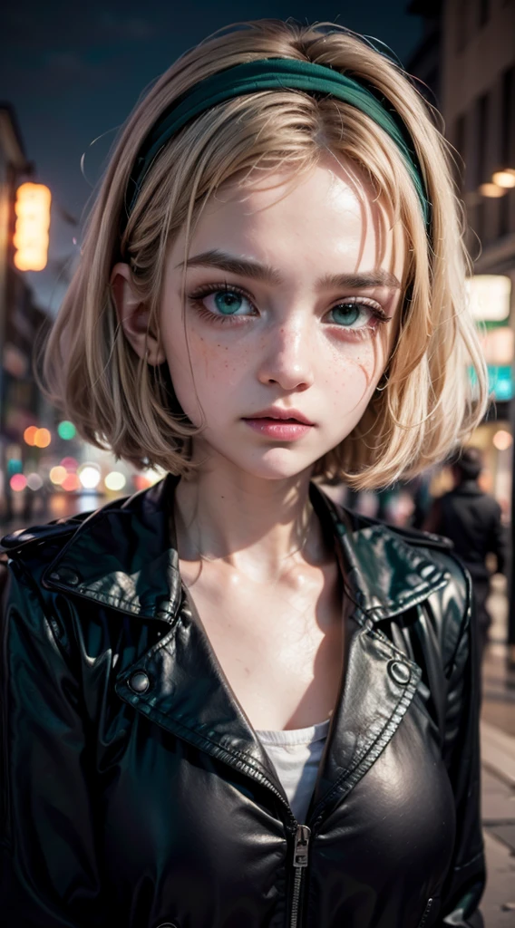 masterpiece, best quality, extremely detailed CG unity 8k wallpaper,((Upper Body)) ,((Upper Body head close-up shot of a beautiful )),Cheveux : blonde hair, short hair, choppy bob cut, green headband
Yeux : large green eyes, intense gaze, bold eyeliner, freckles around cheeks
Accessoires : star-shaped earrings, green headband
Vêtements : teal jacket, casual style, open collar, white shirt underneath
Pose et Expression : close-up selfie angle, slightly surprised or intense expression
Scène : outdoor urban setting, park or street at dusk, modern city background
Ambiance : vibrant colors, evening light, energetic and edgy atmosphere