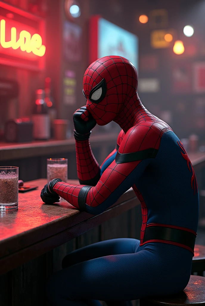 cinematic shot of spider-man drinks cute realistic, cercado por fogo, sem costura, epic, cinemactic, detalhes intrincados, premiado, great lighting, sombreamento, alta qualidade, detalhado