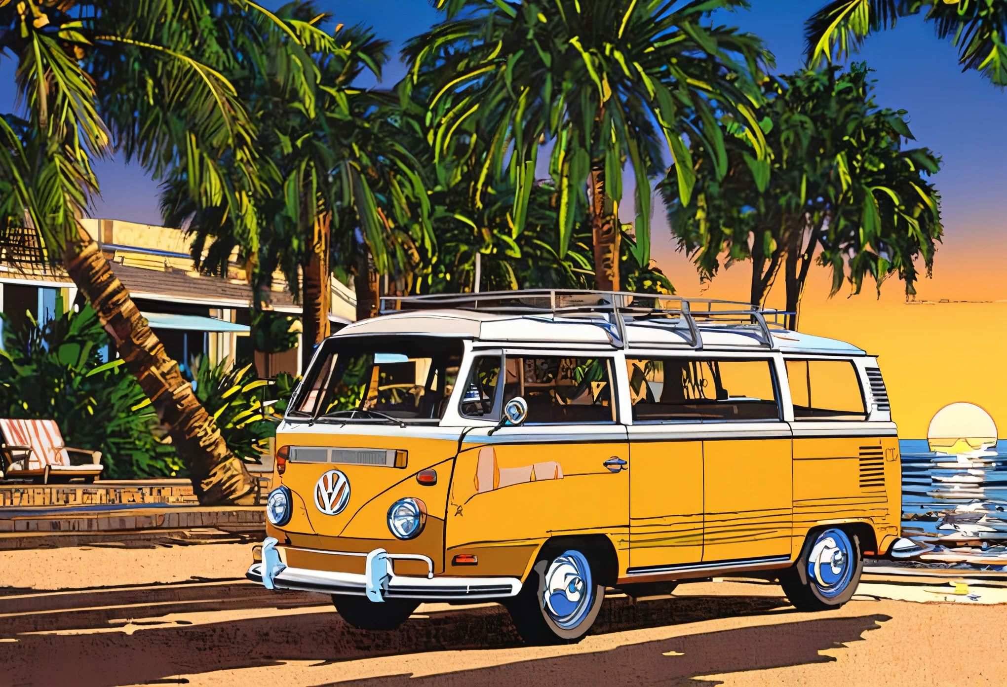 a highly detailed classic car on a beach side street with palm trees, volkswagen type 2,, sunset, nostalgia, best quality, masterpiece, 8K, ultra-detailed, realistic, photorealistic, physically-based rendering, vivid colors, studio lighting, sharp focus, professional ,SuzukiEizin, 1980,