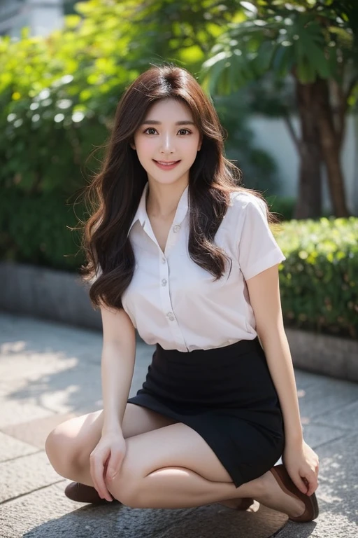 A young woman posing outdoors with a gentle smile. She has straight, dark brown hair and is wearing a Thai university uniform, which is white short arm shirt and black pencil skirt. Her hands rest on her waist, giving her a playful, slightly edgy look. The background is blurred with greenery and urban elements, suggesting an outdoor, city-like setting.

She has a soft, youthful face with fair skin and a smooth complexion. Her eyes are large and expressive, with a subtle, natural makeup look that enhances her features. She has a small, delicate nose and a gentle, relaxed smile that adds to her approachable and friendly appearance. The image quality is high, with sharp details in her hair, face, and clothing. The colors are vibrant yet natural, capturing the subtle highlights and shadows on her face and hair. The background is slightly out of focus, creating a bokeh effect that emphasizes her as the main subject.

She has large breasts. Image is fullbody