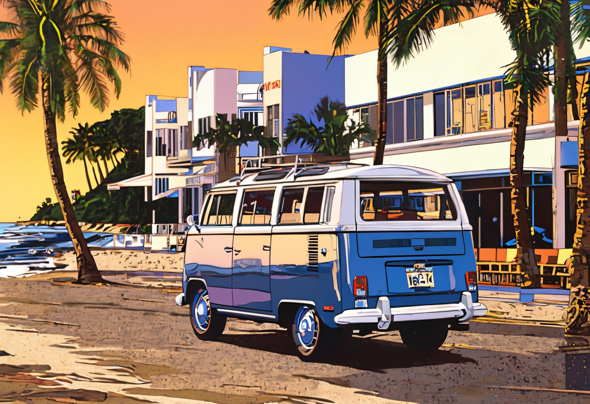 a highly detailed classic car on a beach side street with palm trees, volkswagen type 2,, sunset, nostalgia, best quality, masterpiece, 8K, ultra-detailed, realistic, photorealistic, physically-based rendering, vivid colors, studio lighting, sharp focus, professional ,SuzukiEizin, 1980,