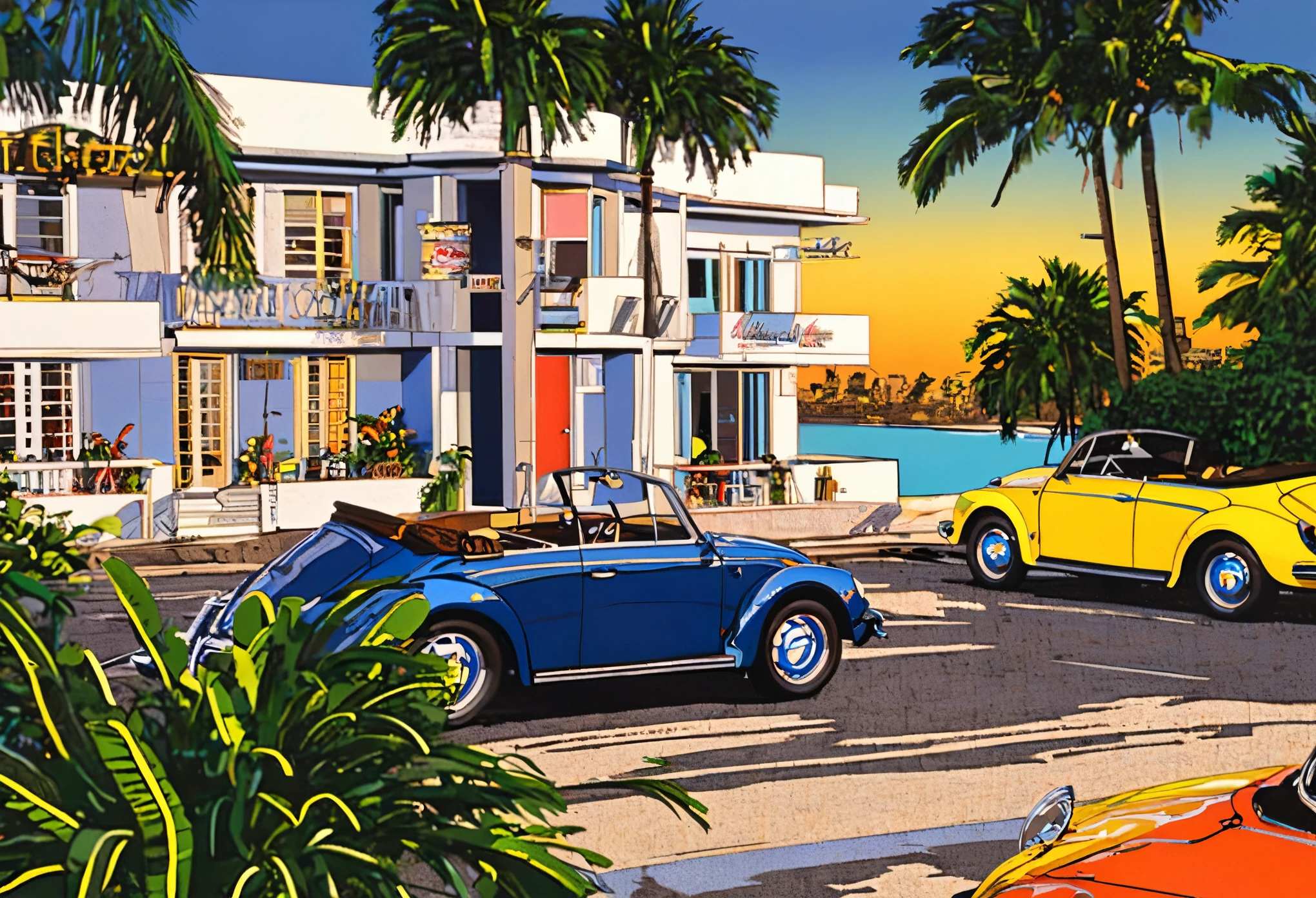 a highly detailed classic car on a beach side street with palm trees, volkswagen beetle cabriolet, from above, sunset, nostalgia, best quality, masterpiece, 8K, ultra-detailed, realistic, photorealistic, physically-based rendering, vivid colors, studio lighting, sharp focus, professional ,SuzukiEizin, 1980,