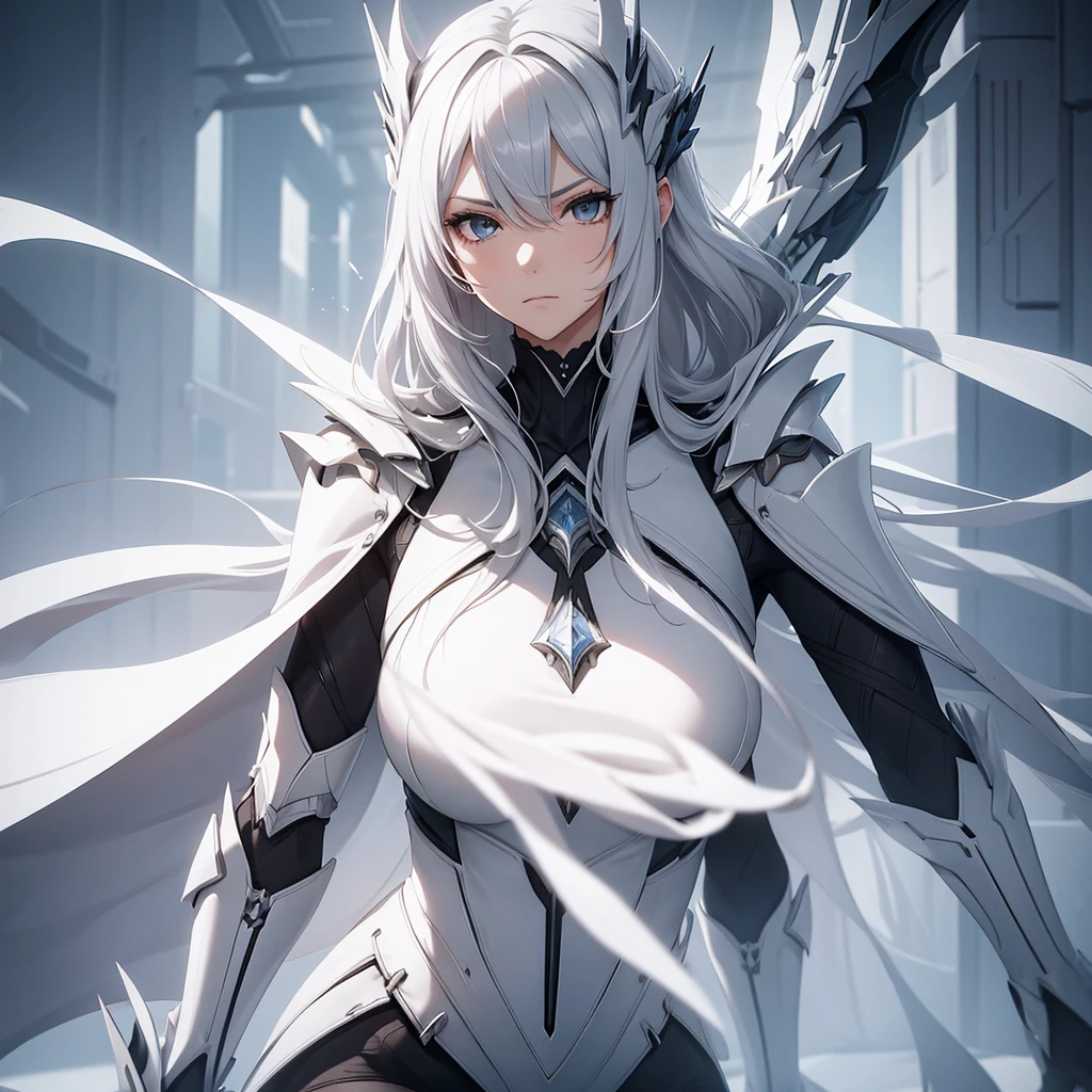  A young woman with flowing silver hair ,  showing a serious and imposing look .  She wears white clothes with silver details ,  that resemble a futuristic and elegant armor , filled with geometric details . The setting is futuristic,  with soft light and minimalist elements of technology in the background,  suggesting a high-tech environment .  The character has an air of strength and determination ,  with gentle wind moving her hair and clothes ,  conveying a sense of movement 