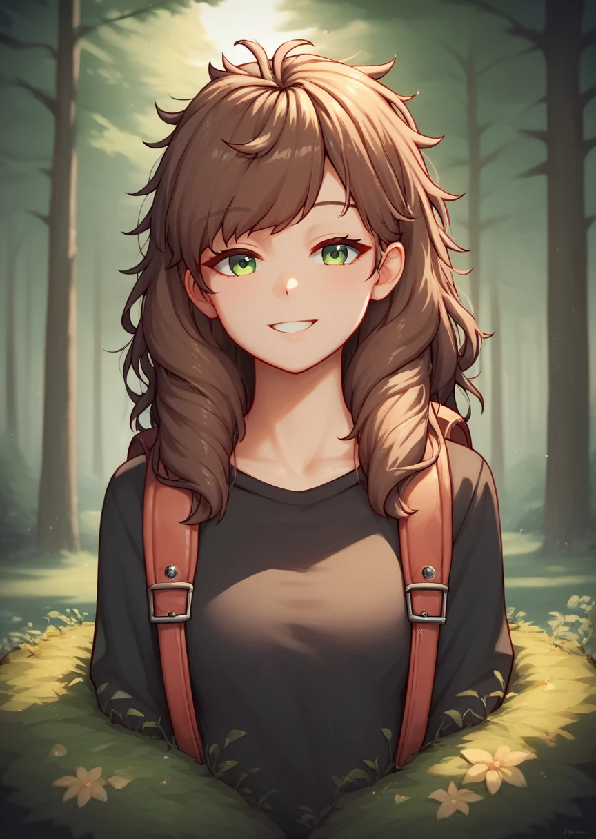 score_9, score_8_up, score_7_up, score_6_up, score_5_up, score_4_up, source_anime, 1girl, lisadef, upper body, sexy smile, brown hair, long hair, green eyes,  messy hair, black shirt, backpack, forest, trees, full body, worth, turn your back, looking at the viewer, best quality, best res, 4K UHD, Close-Up, evening, nature park, hooded sweatshirt, light wind, 