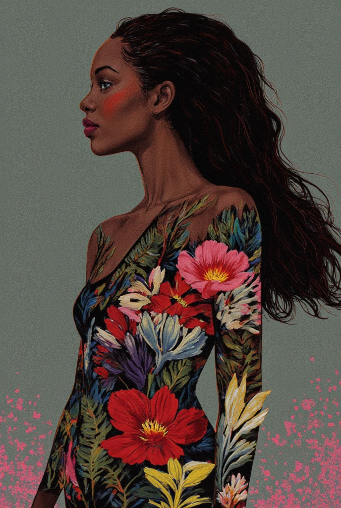 The image depicts a stunningly beautiful chiaroscuro technique on sensual illustration of an elegant aFRICAN (long hair), A vibrant fashion collective, combining Afrofuturist aesthetics with sustainable materials, , vintage , matte eerie, silky matte painting, by Hannah Dale, by Harumi Hironaka, extremely soft colors, vibrant, highly detailed, digital artwork, high contrast, dramatic, refined, tonal, Focus on touch, connection, and relaxation whose body is fused with flowers and foliage.., bright color, high resolution pen and ink style sketch, isographic portrait, hard edges, high quality, Minimalist art, Ultra HD, 4K8K