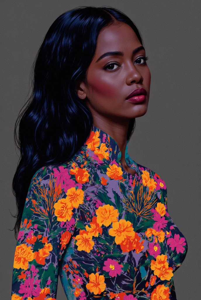 The image depicts a stunningly beautiful chiaroscuro technique on sensual illustration of an elegant aFRICAN (long hair), A vibrant fashion collective, combining Afrofuturist aesthetics with sustainable materials, , vintage , matte eerie, silky matte painting, by Hannah Dale, by Harumi Hironaka, extremely soft colors, vibrant, highly detailed, digital artwork, high contrast, dramatic, refined, tonal, Focus on touch, connection, and relaxation whose body is fused with flowers and foliage.., bright color, high resolution pen and ink style sketch, isographic portrait, hard edges, high quality, Minimalist art, Ultra HD, 4K8K