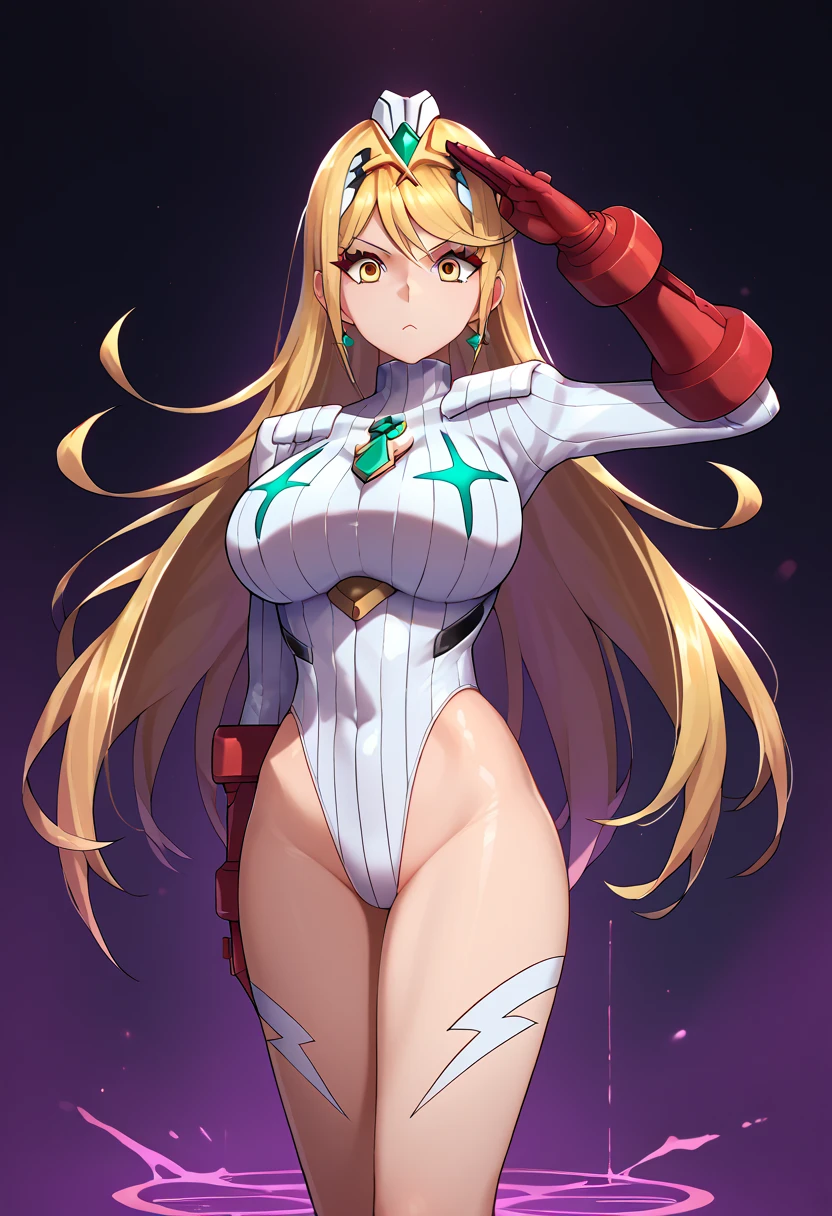 score_9, score_8_up, score_7_up, score_6_up, source_anime, 1girl, solo,mthrdef, yellow eyes, blonde hair, long hair, tiara, earrings, chest jewel, large breasts,(white dollsuit),void eyes,emotionless, dark persona,corruption,salute,laboratory, cowboy shot