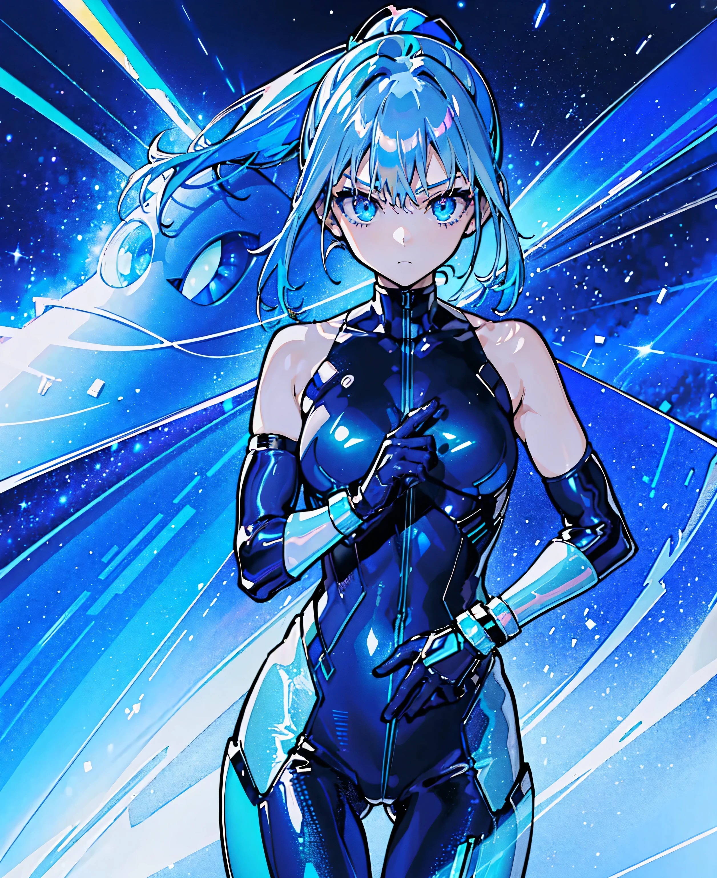 ((Holographic glow effect))、 blue hair 、Masterpiece、 Best Quality、1 person、Medium breast、(( album cover ))、 light on face、 slim body、 blue costume、Exoskeleton、Metal Gear、 cyberpunk style、 ponytails、Gundam Pilot、attention arousal，Ride a fighter jet 、 gloves up to the elbow ,Big Moon,Night Sky,Milky Way