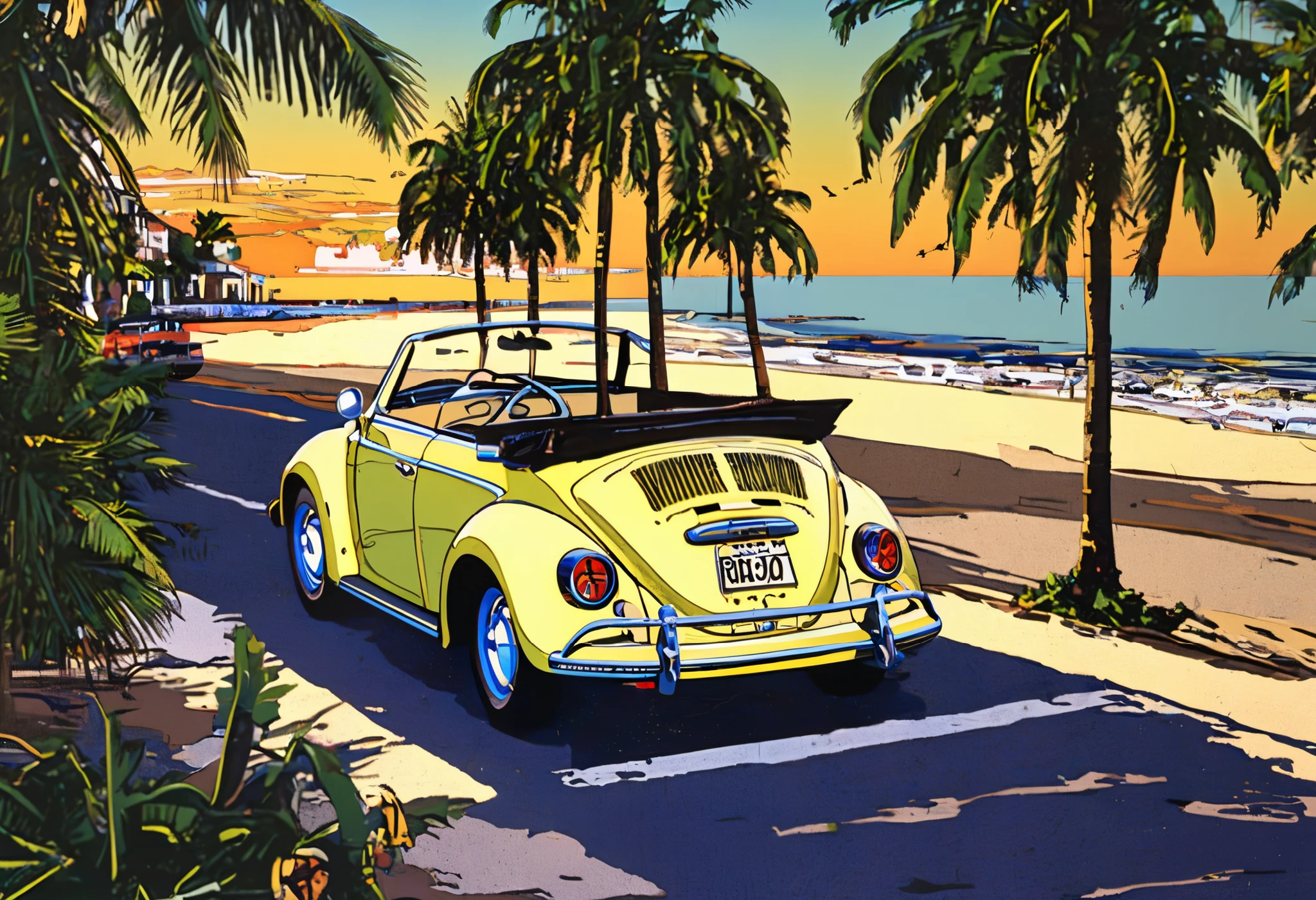 a highly detailed classic car on a beach side street with palm trees, volkswagen beetle cabriolet, from above, sunset, nostalgia, best quality, masterpiece, 8K, ultra-detailed, realistic, photorealistic, physically-based rendering, vivid colors, studio lighting, sharp focus, professional ,SuzukiEizin, 1980,