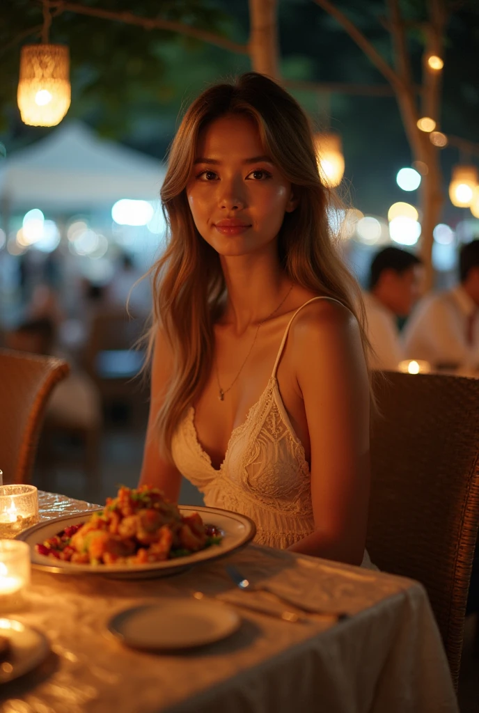 （best quality，High resolution，master piece：1.3），tall and beautiful woman，frontage，Long dark brown hair with loose waves, ((Nude, nipple, pussy))，(Full body), Sit chair and open legs ,show nipple and pussy, dark alley， Beautifully rendered facial and skin texture details，charming eyes，charming eyes，double eyelid, Young lady age 20, gorgeous, cute girl, attractive girl, stunning girl, gorgeous young lady, fine dining restaurant on the mountain in Positano in Italy, gorgeous elegant attractive, enjoying life!!! Elegant, sitting at a table with plates of food and a glass of white wine,  sunset, near dark background.
