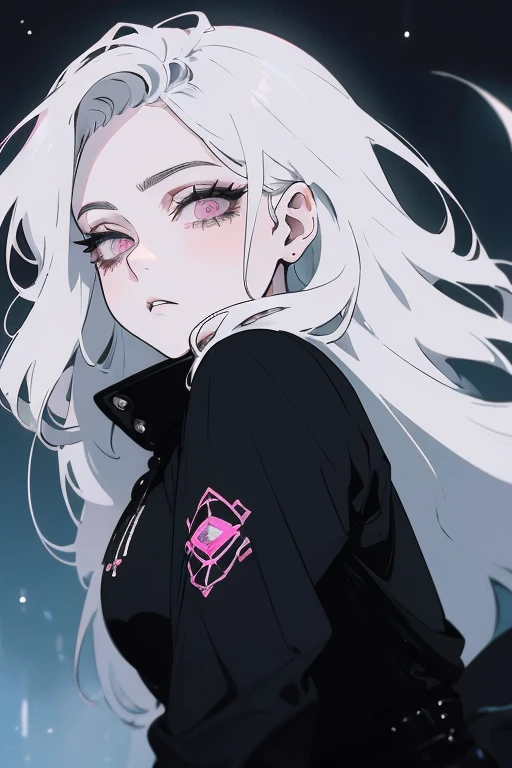 (Exterior, Antarctica , neve, night, soft light, bad lighting, Temperamental climate ), ( insanely detailed , pretty and detailed face , masterpiece , best quality ), mature woman, white hair, pink eyes , Extremely gray winter clothes sclera hair pink eyes clothing shorts black women's sweatshirt s black shorts