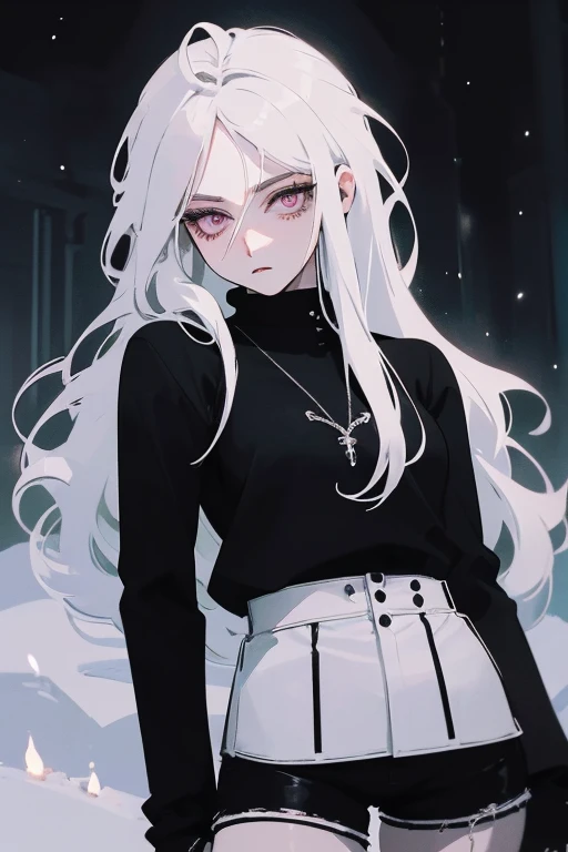 (Exterior, Antarctica , neve, night, soft light, bad lighting, Temperamental climate ), ( insanely detailed , pretty and detailed face , masterpiece , best quality ), mature woman, white hair, pink eyes , Extremely gray winter clothes sclera hair pink eyes clothing shorts black women's sweatshirt s black shorts