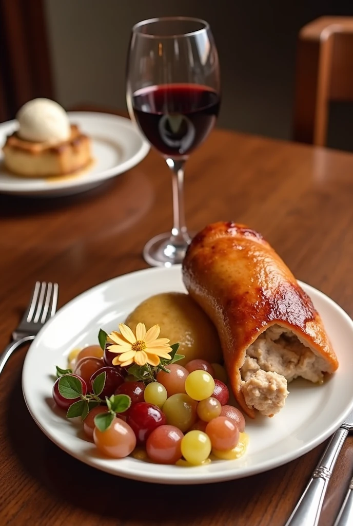 Thanksgiving plate ,  with a Disney-style turkey leg with apple puree ,  a grape and apple salad with cream adorned with an edible flower  ,  as well as an apple pie dessert with a scoop of ice cream and accompanied by a glass of red wine 