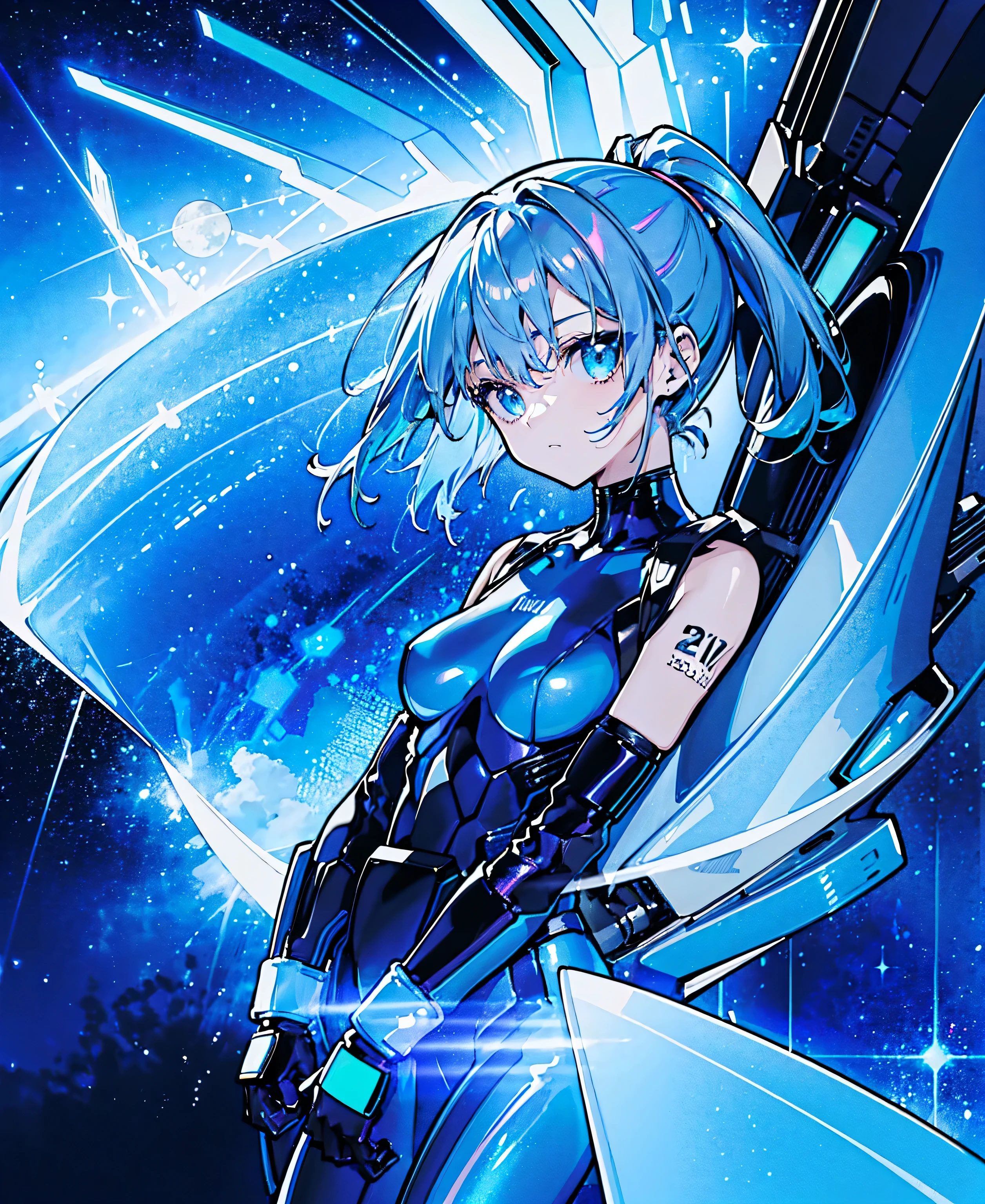 ((Holographic glow effect))、 blue hair 、Masterpiece、 Best Quality、1 person、Medium breast、(( album cover ))、 light on face、 slim body、 blue costume、Exoskeleton、Metal Gear、 cyberpunk style、 ponytails、Gundam Pilot、attention arousal，Ride a fighter jet 、 gloves up to the elbow ,Big Moon,Night Sky,Milky Way