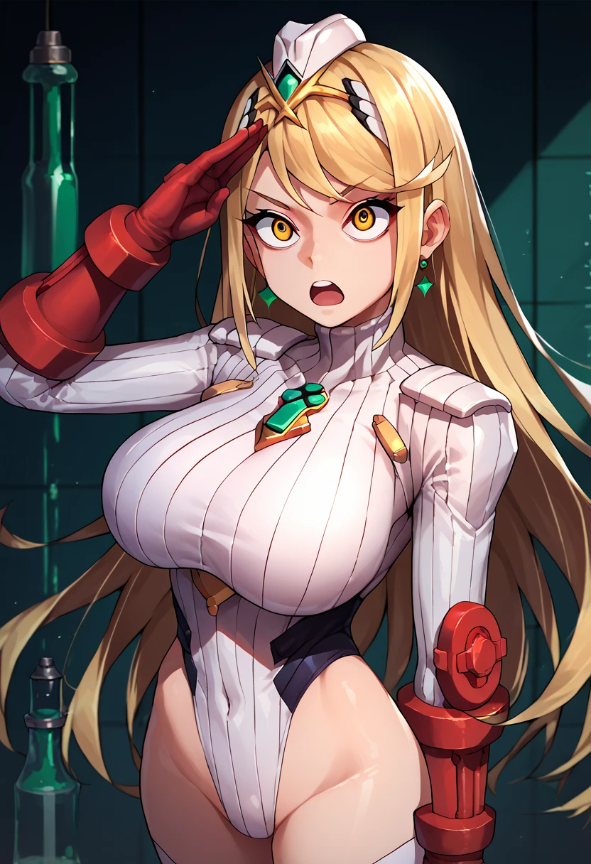 score_9, score_8_up, score_7_up, score_6_up, source_anime, 1girl, solo,mthrdef, yellow eyes, blonde hair, long hair, tiara, earrings, chest jewel, large breasts,(white dollsuit),hollow eyes,emotionless, open mouth, ,salute,laboratory, cowboy shot